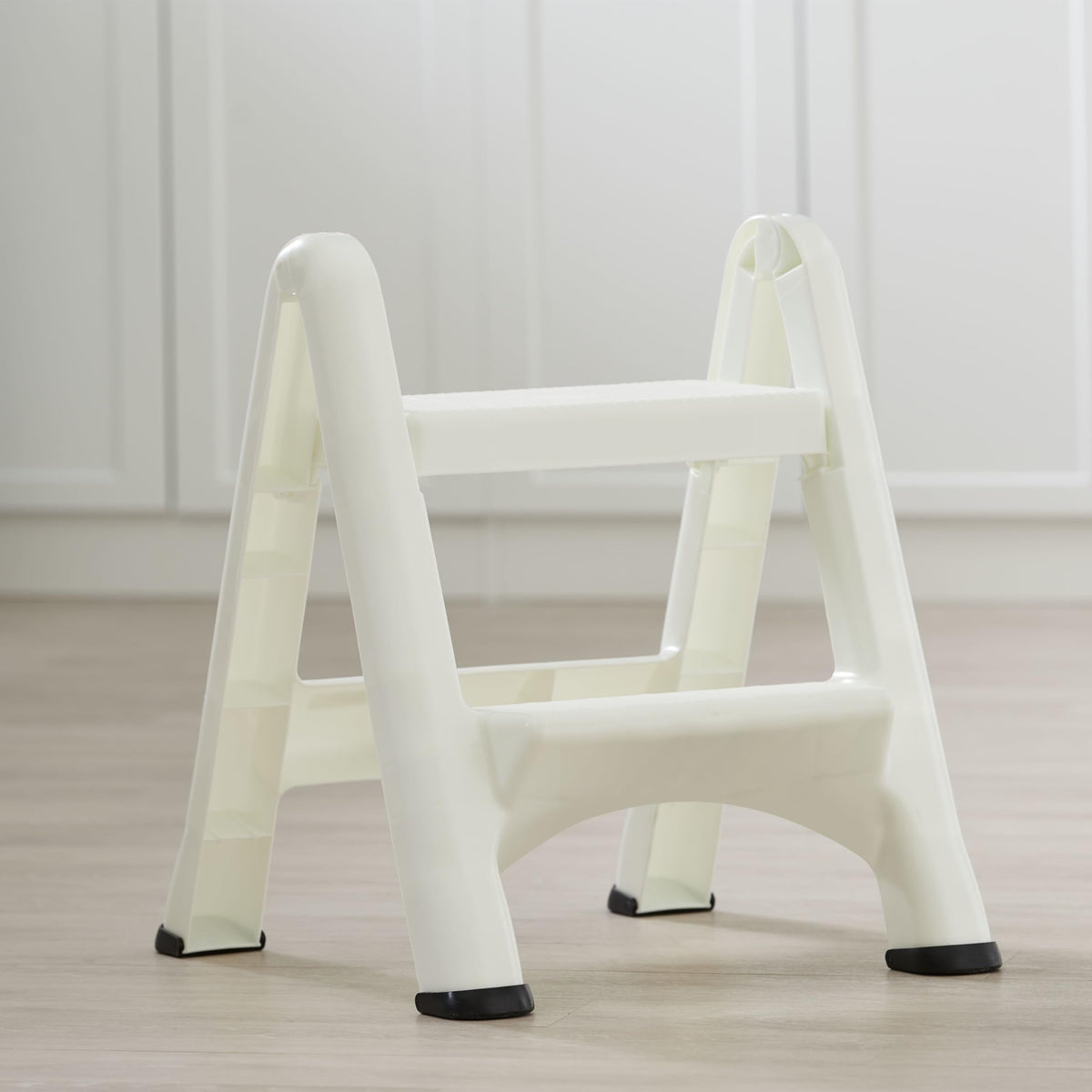 Rubbermaid Two-Step Folding Foot Stool 14-Inch High White 300 Pound Capacity Small Step Stool for Adults/Kids for Use in Library/Kitchen/Bathroom/Garage/Closet