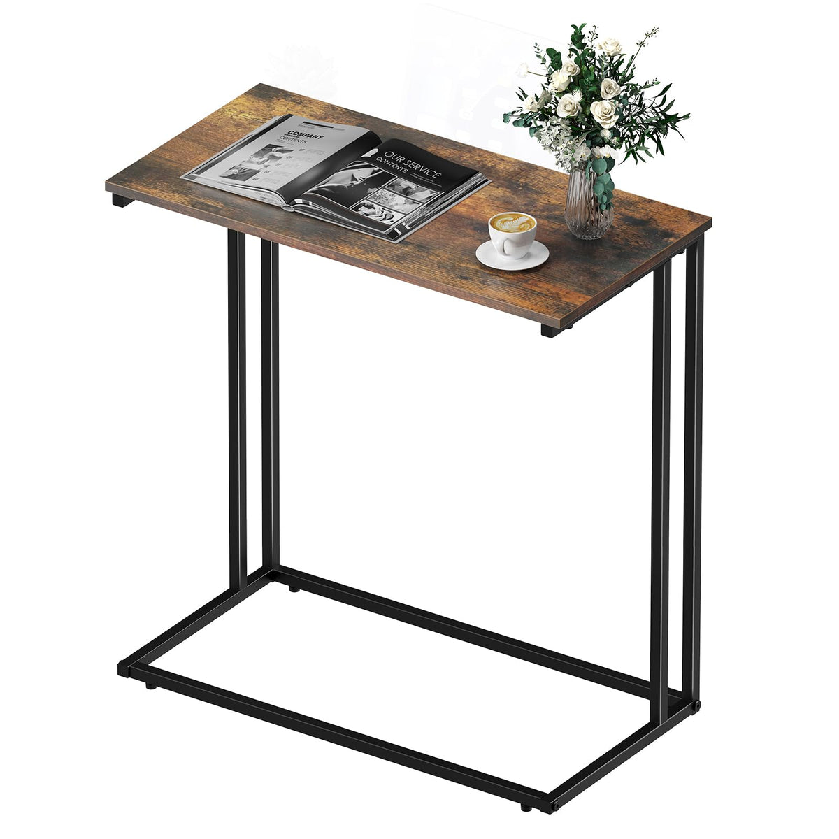 CAMOAT C-Shaped Side Table, Modern End Table with Metal Frame, Space Saving Design for Living Room，Large Surface Couch Table for Bedroom, and Home Office，24 x 12 x 24 inches (Brown)