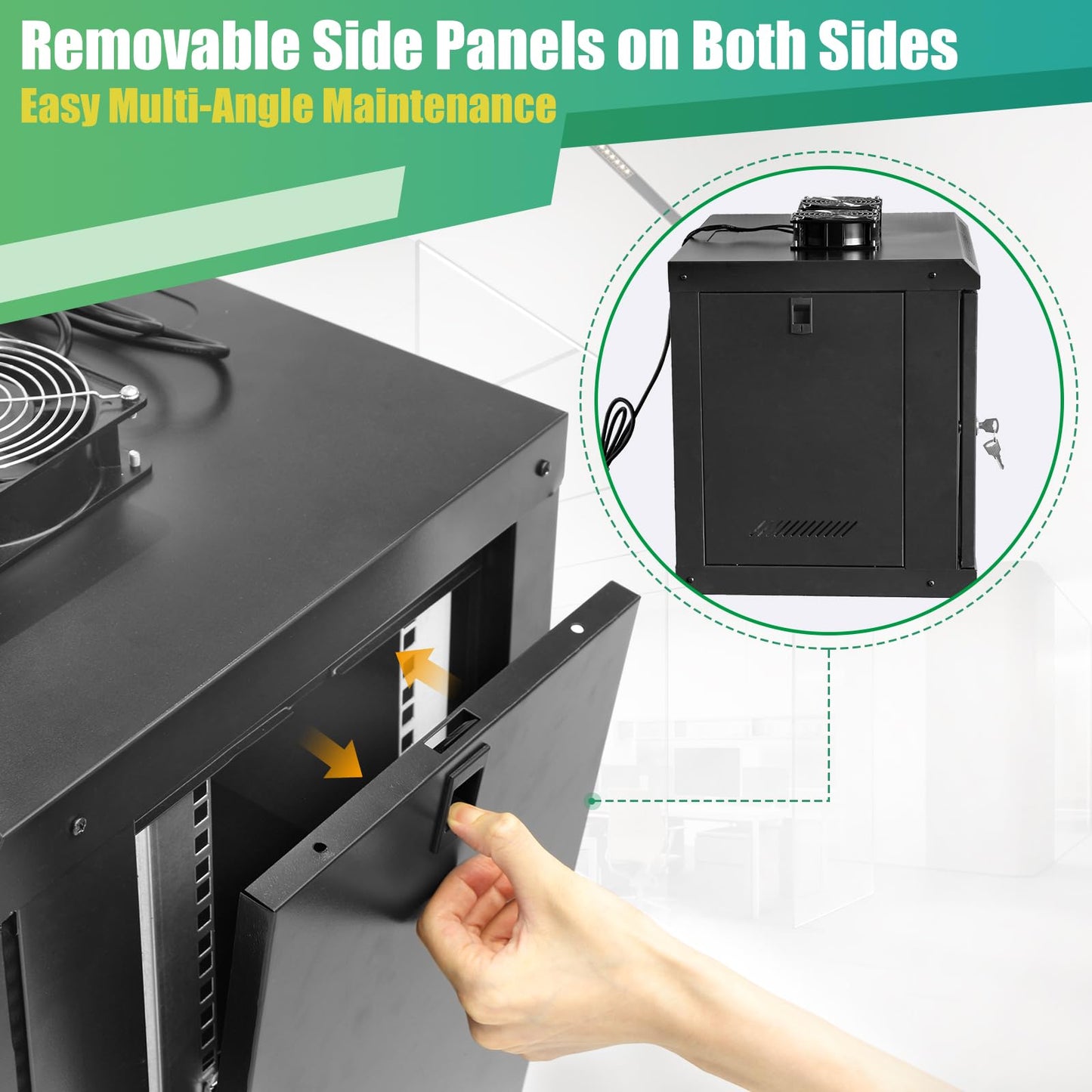Wall Mount Network Cabinet with Fans and Shelves, IT Network Rack Enclosure Cabinet with Locking Glass Door, Removable Side Panels, Cooling Fans, for 19” IT Equipment (9U)