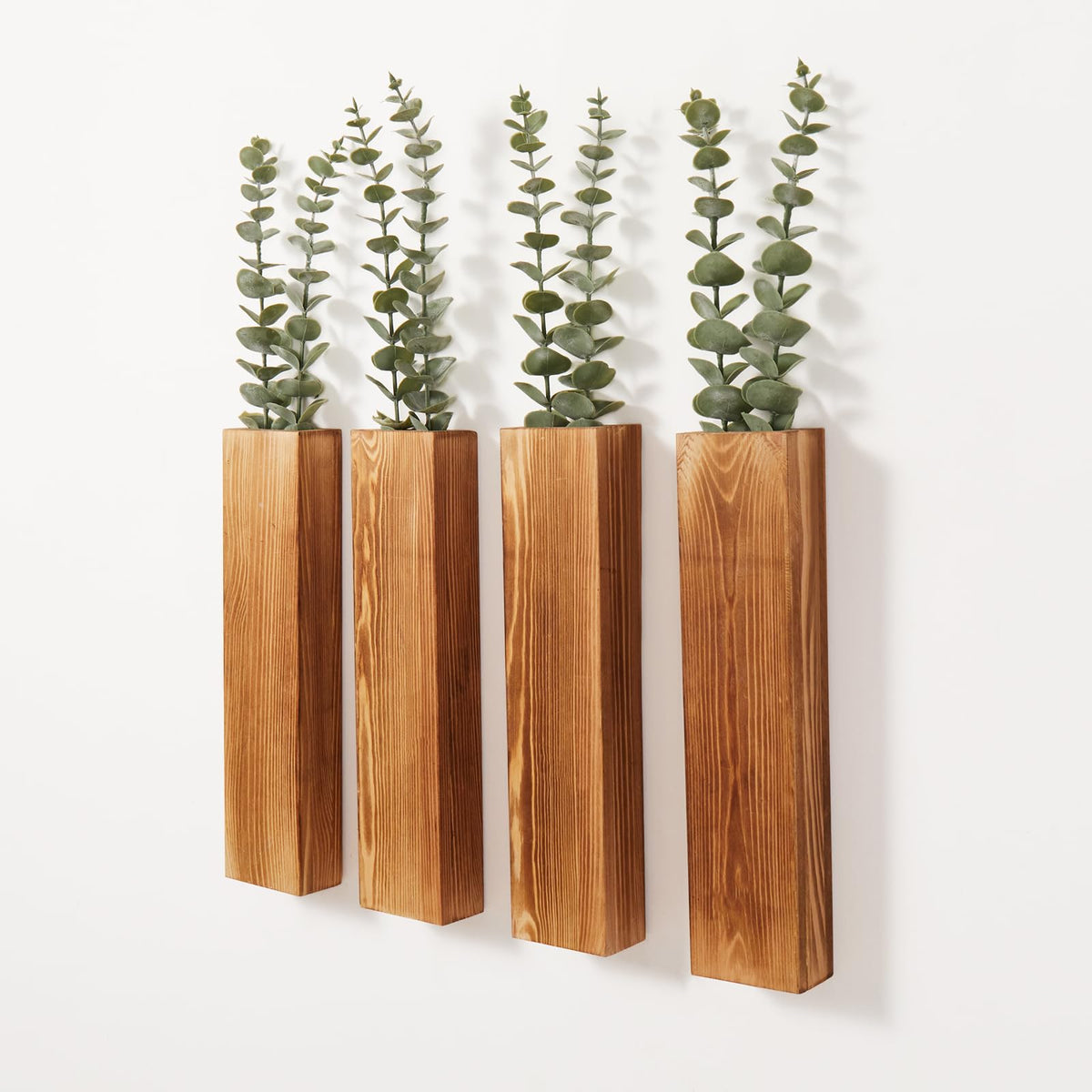 Mokof 4-Pack Wood Wall Planters with 8 Removable Faux Eucalyptus Stems - Modern Farmhouse Wall Decor for Living Room, Bedroom, Bathroom - Wooden Wall Vases and Fake Eucalyptus for Home Office Decor