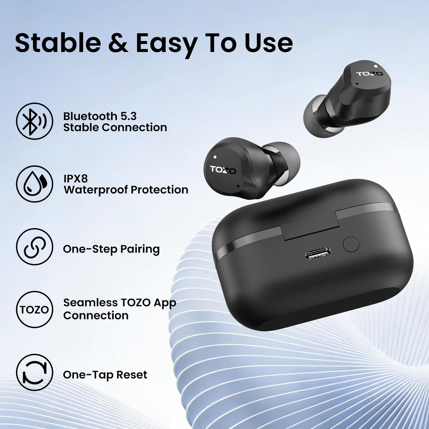 TOZO NC9 Hybrid Active Noise Cancelling Wireless Earbuds, 6 Mics ENC Clear Call, IPX8 Waterproof, in Ear Bluetooth 5.3 Headphones Stereo Bass Ear Buds 60H Playtime with LED Display 32 EQs via APP