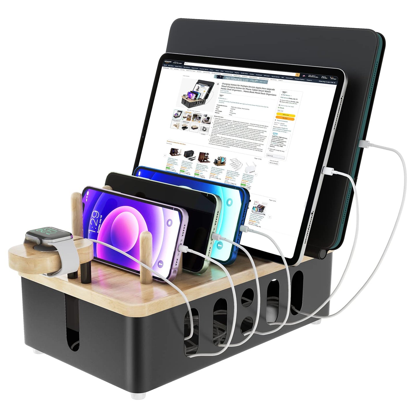Metal Charging Station for Multiple Devices,New Upgrade Wood Charging Station for Phone Tablet Smart Watch Holder Desk Organizers，Matte Black Dock Device Organizer