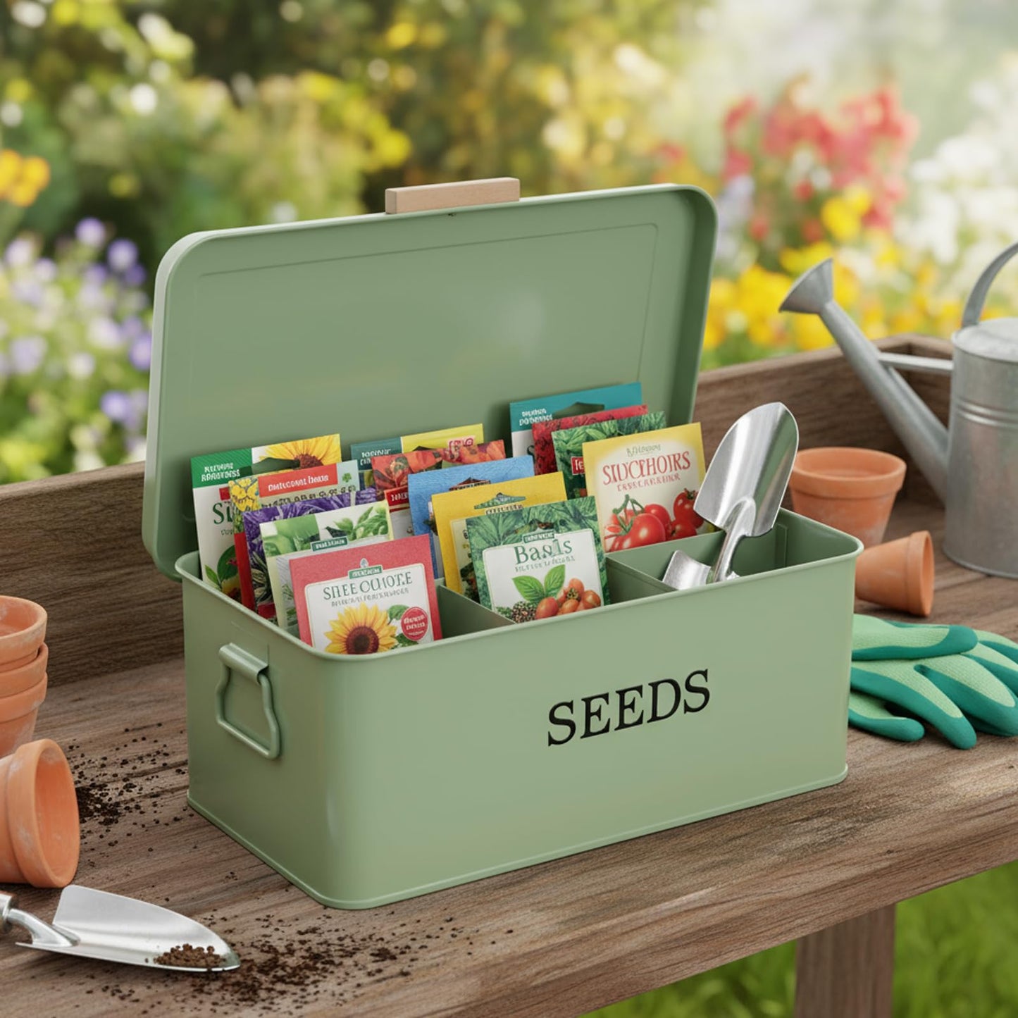 Mowhut Seed Storage Organizer,Metal Seed Saving Box with Lid,4 Compartments Box with Safety Locks,Garden Supplies Container with 20 Plant Labels 50 Saving Envelopes 2 Marker Pens,Green