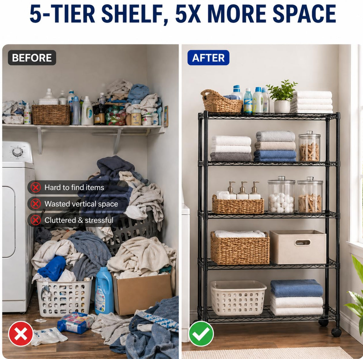 Simple Deluxe 5-Tier Heavy Duty Adjustable Shelf with Wheels, 23.23”W x 13.39”D x 59.45”H,Metal Storage Rack, Easy Tool-Free Assembly for Garage, Warehouse, Basement, Laundry, Black