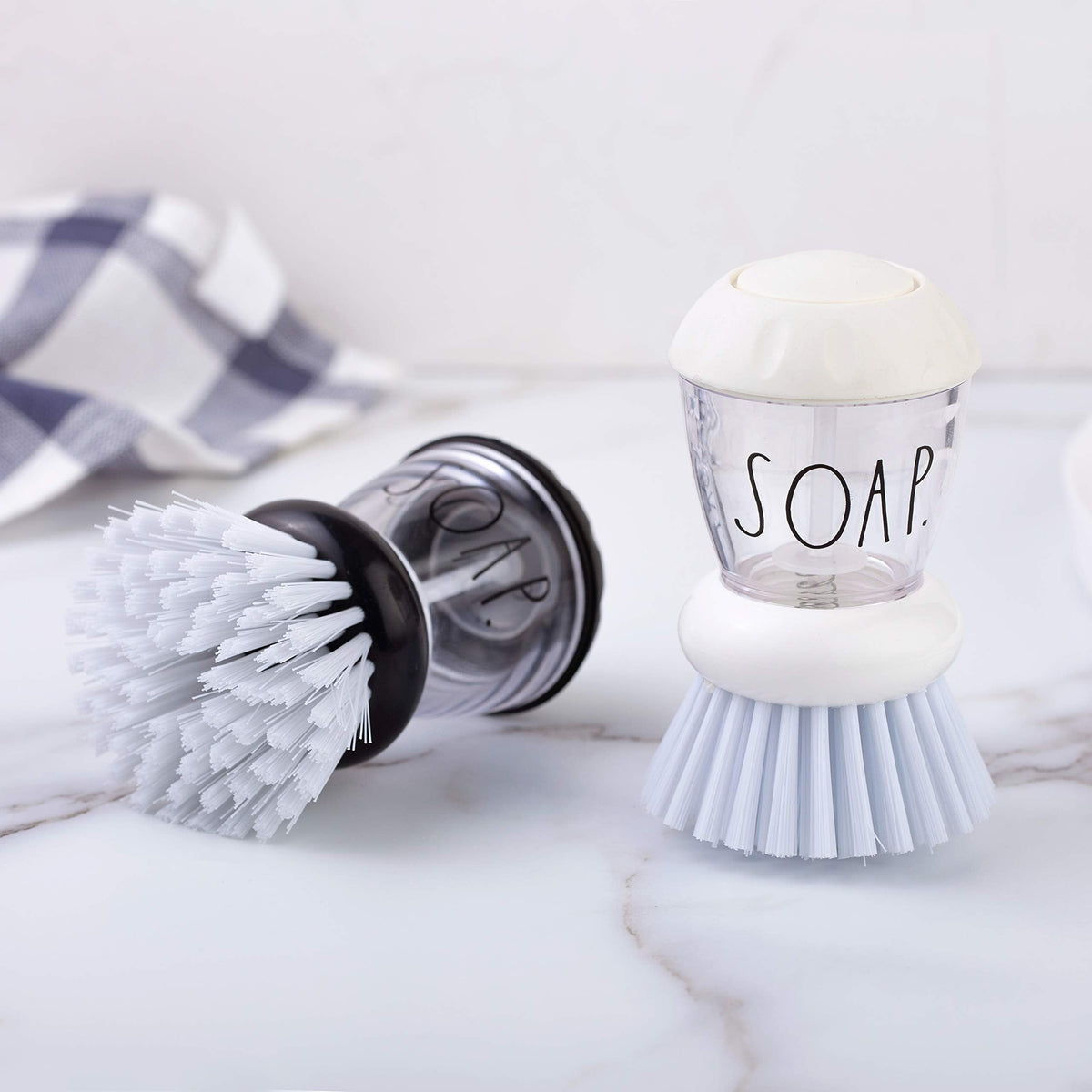 Rae Dunn Collection Soap Dispensing Dish Brush Set - Set of 2 Palm Brush Dish Scrubber with 2 Replacement Brush Heads