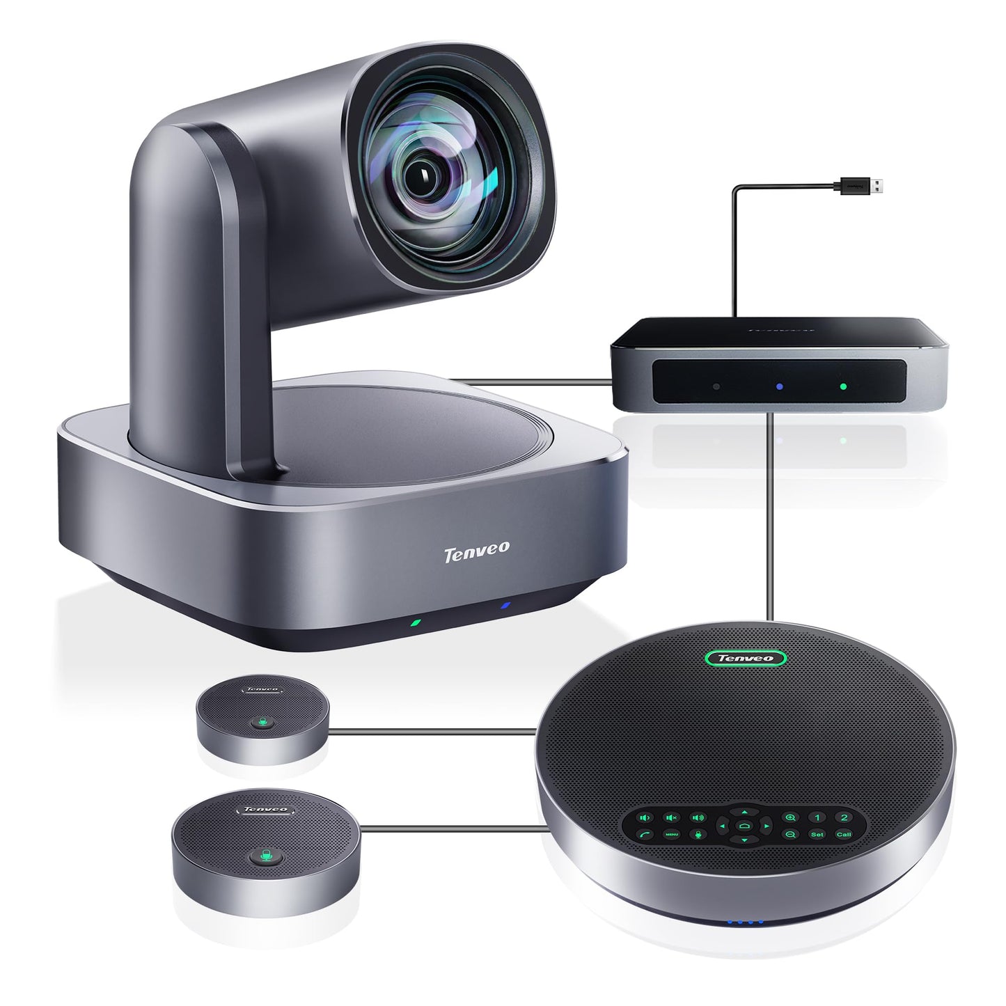 Tenveo 4K PTZ Conference Room Camera System, AI Auto-Tracking 12X Optical Zoom USB3.0 HDMI PTZ Camera and Bluetooth Speakerphone with 2 Expansion Mics Kit Wide Angle for Large Room Meetings