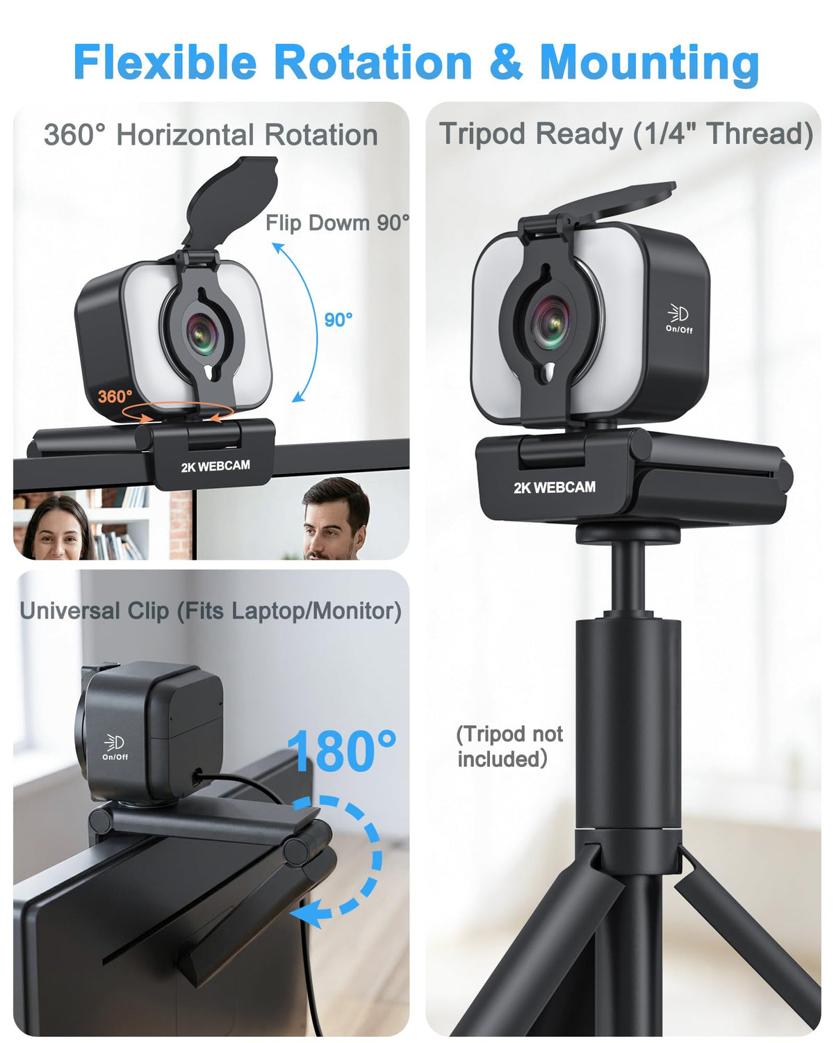 Atatat 2K Webcam for PC with Microphone & Light & Privacy Cover, Web Camera for Desktop/Laptop/Monitor/Mac, Autofocus USB Computer Camera for Zoom/Skype/Teams/Video Calling/Meeting/Streaming