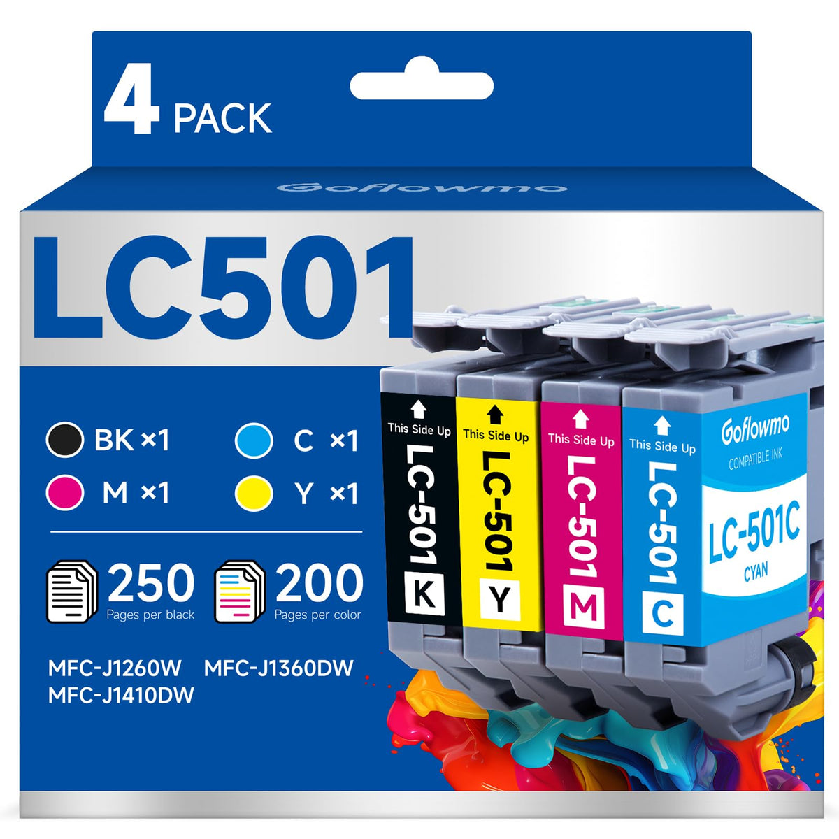 LC501 Ink Cartridges for Brother Printer LC 501 LC501XL 501XL Inks Cartridge Compatible for Brother MFC-J1360DW MFCJ1360DW MFC-J1410DW MFC-J1260DW Series Printer (4-Pack, Black Cyan Magenta Yellow)