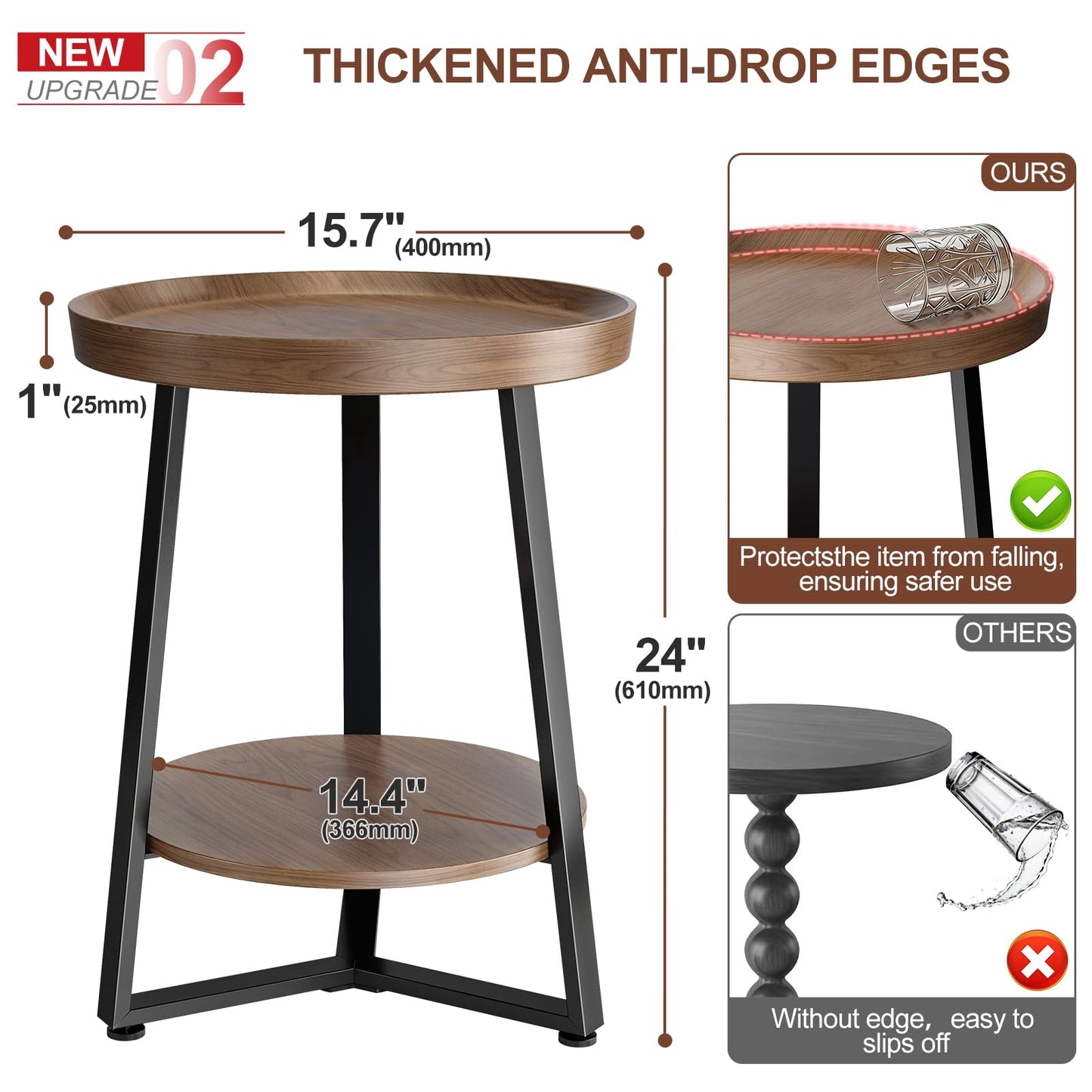 Round End Table, 2-Tier Tray Top Side Tables with Storage Shelf, Ultra Stable Coffee end Table/Nightstand, Modern Farmhouse Couch Table for Living Room, Bedroom, Bedside Stand or Small Spaces, Walnut