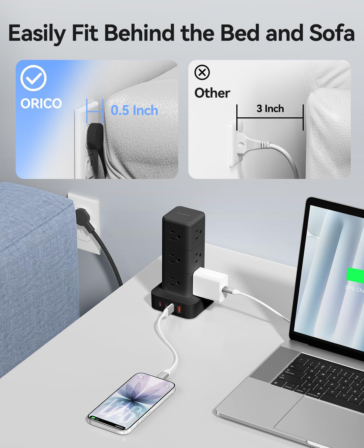 ORICO Tower Power Strip with Surge Protection, Charging Station Tower with 12 AC Outlets 4 USB Ports (2 USB C), Space Saving Design, 5FT Tower Extension Cord for Home, Office, Dorm - TPP20