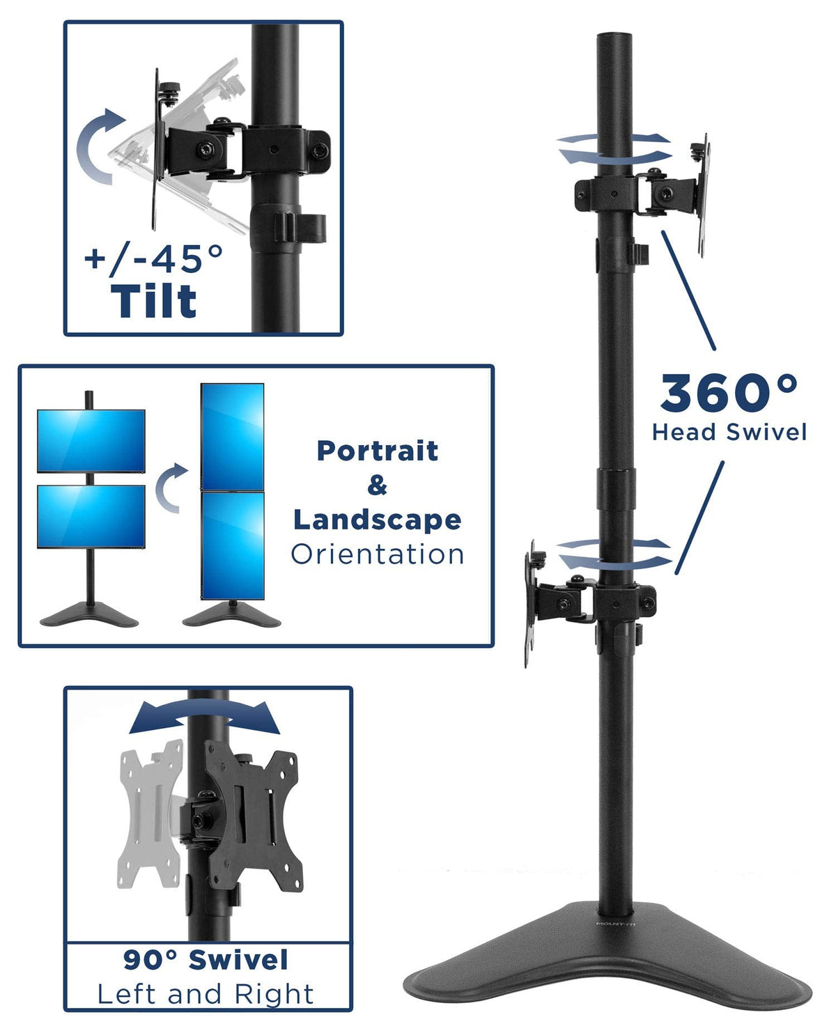 Mount-It! Vertical Dual Monitor Stand, Stacked Desk Mount Fits Two 13–32 Inch Screens up to 17.6 lbs Each, Height Adjustable Free Standing Pole with Tilt Swivel Rotate, Ergonomic VESA Riser, Black
