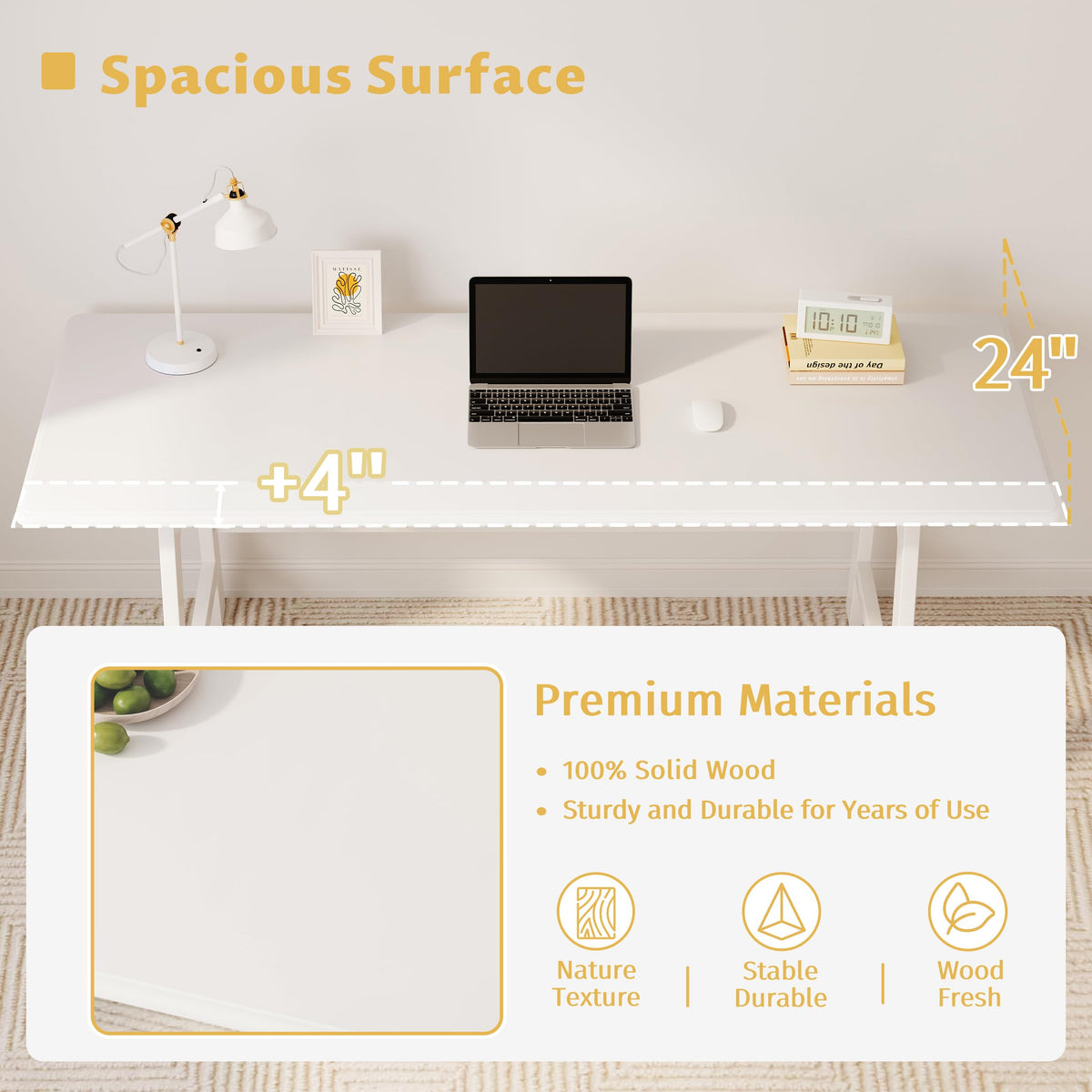 IOTXY Solid Wood Writing Table - 48" W x 24" D Minimalist Computer Desk for Home Office, Work, Study, Creativity, and PC Workstation, White