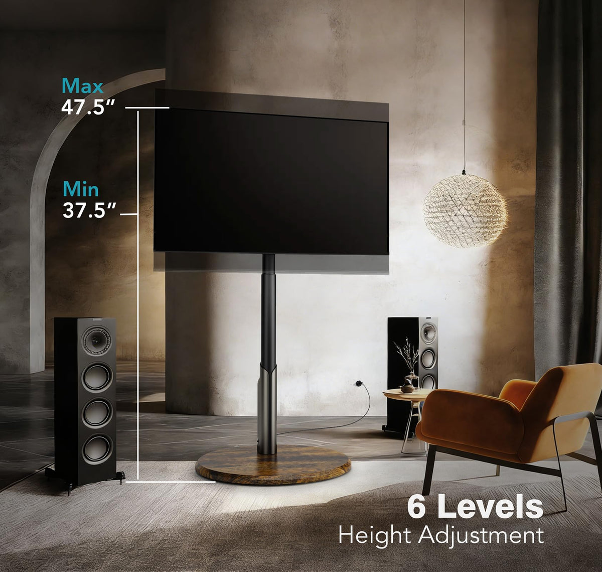 LLDEPLL Mobile TV Stand with Power Outlet, Rolling TV Cart for 27-65 Inch OLED LED Monitors, 6 Levels of Height Adjustment, Ambient RGB Lighting on The Bottom Wheels Holds up to 88lbs
