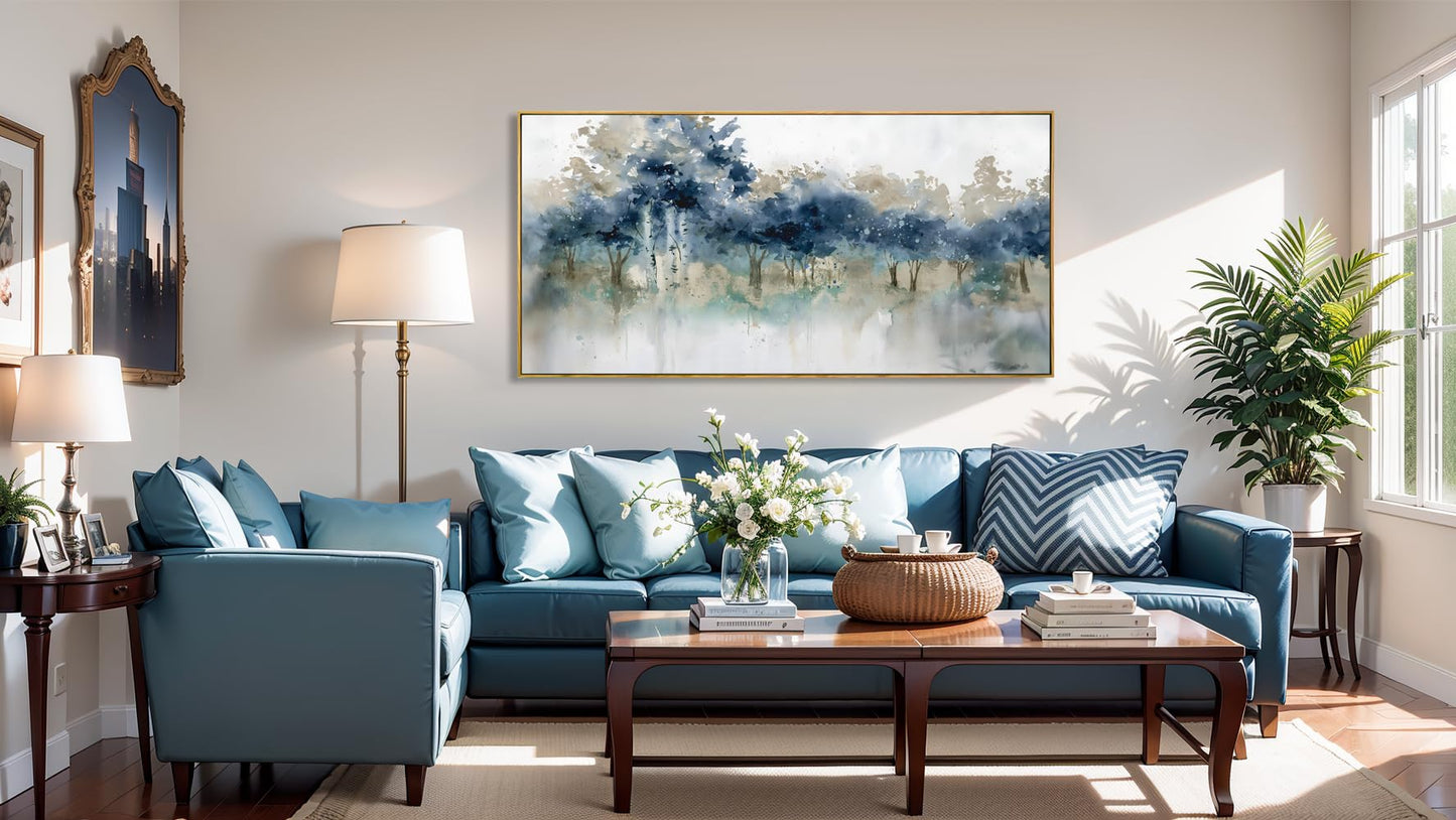 Wall Art Landscape Modern Wall Decor Canvas Painting Blue Ink Wall Art Large Artwork for Living Room Bedroom Office Home Decor 20"x40" with Framed
