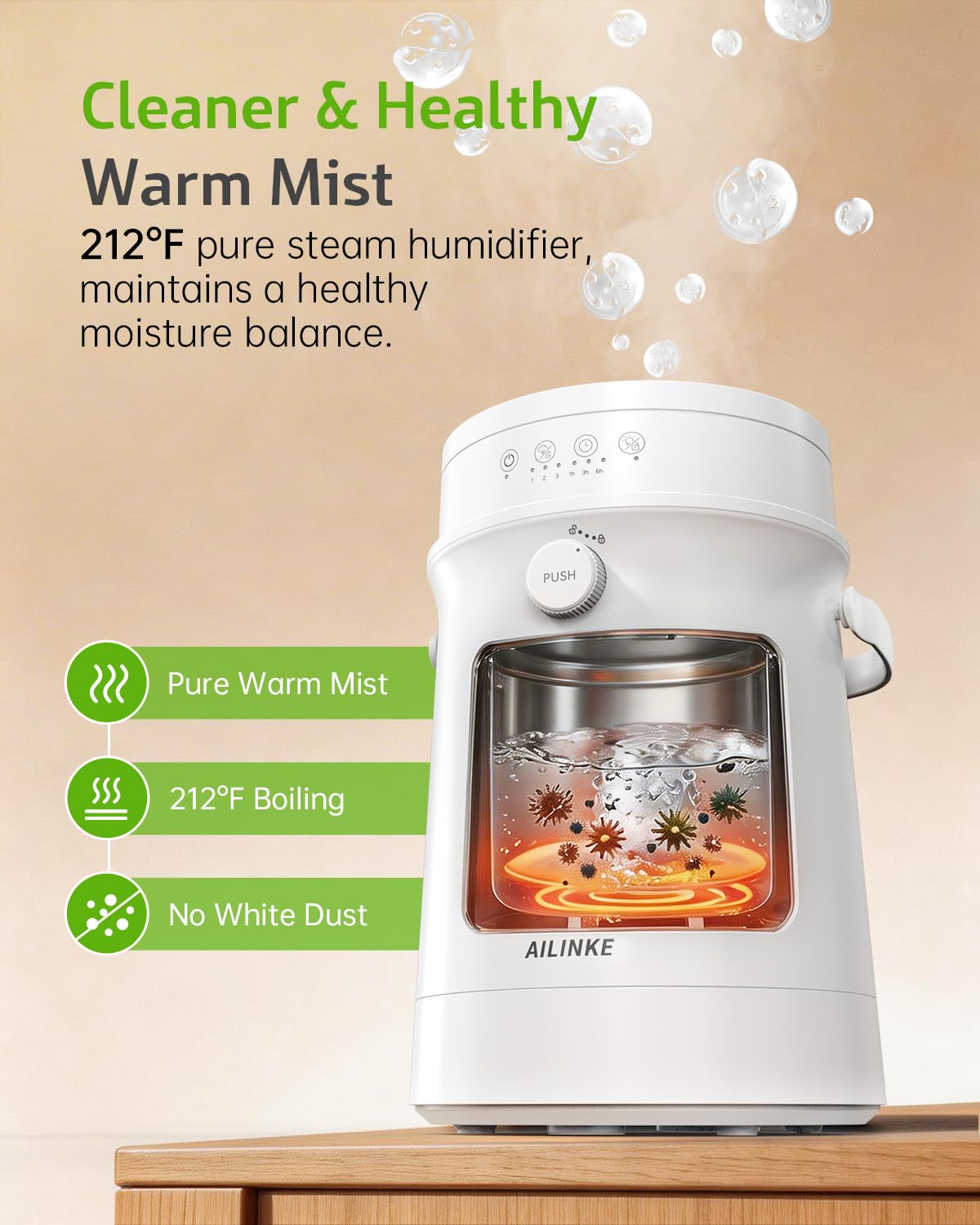 Stainless Steel Humidifier for Bedroom, Warm Mist Steam Humidifier 4L with Self-Cleaning Mode, Easy Clean Dishwasher Safe Humidifiers for Large room Living Room Home Office, Tip-Over Protection, White
