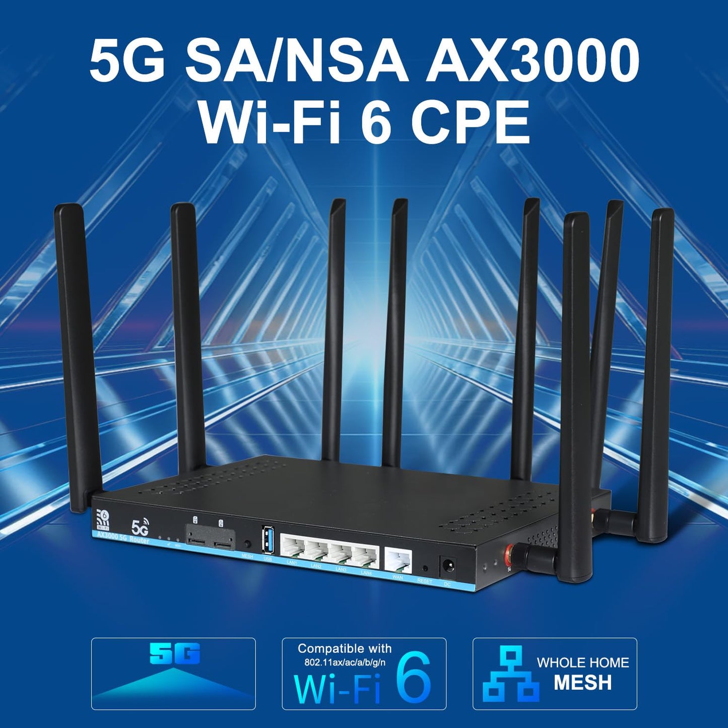 Zbtlink AX3000 5G WiFi 6 Router Unlocked with Dual SIM + eSIM, Sub-6GHz 2Gbps 5G NR Worldwide Bands n41/n77/n78 Compatible with AT&T T-Mobile Verizon, 8 External Antennas, 4 Gigabit LAN, OpenWRT