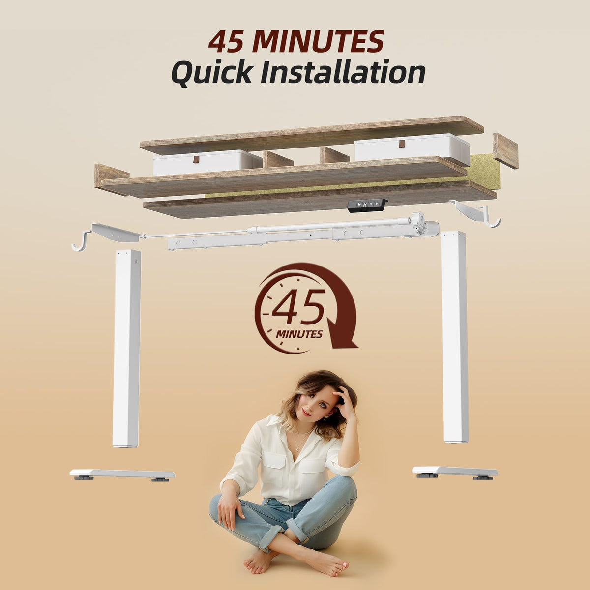 TIQLAB Standing Desk with Two Drawers, Stand Up Standing Desk Adjustable Height, Electric Sit Stand Table with Storage Shelf and Splice Board, 55 * 28 inch, Maple