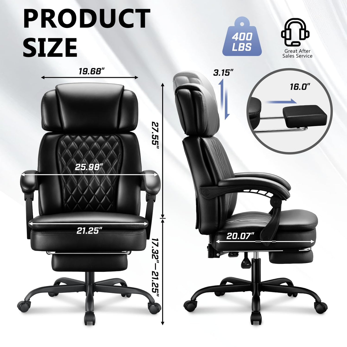 400lbs Executive Office Chair with Foot Rest for Heavy People, Ergonomic Big and Tall Desk Chair with Adjustable Headrest, High Back PU Leather Comfy Heavy Duty Computer Chair with Spring Cushion