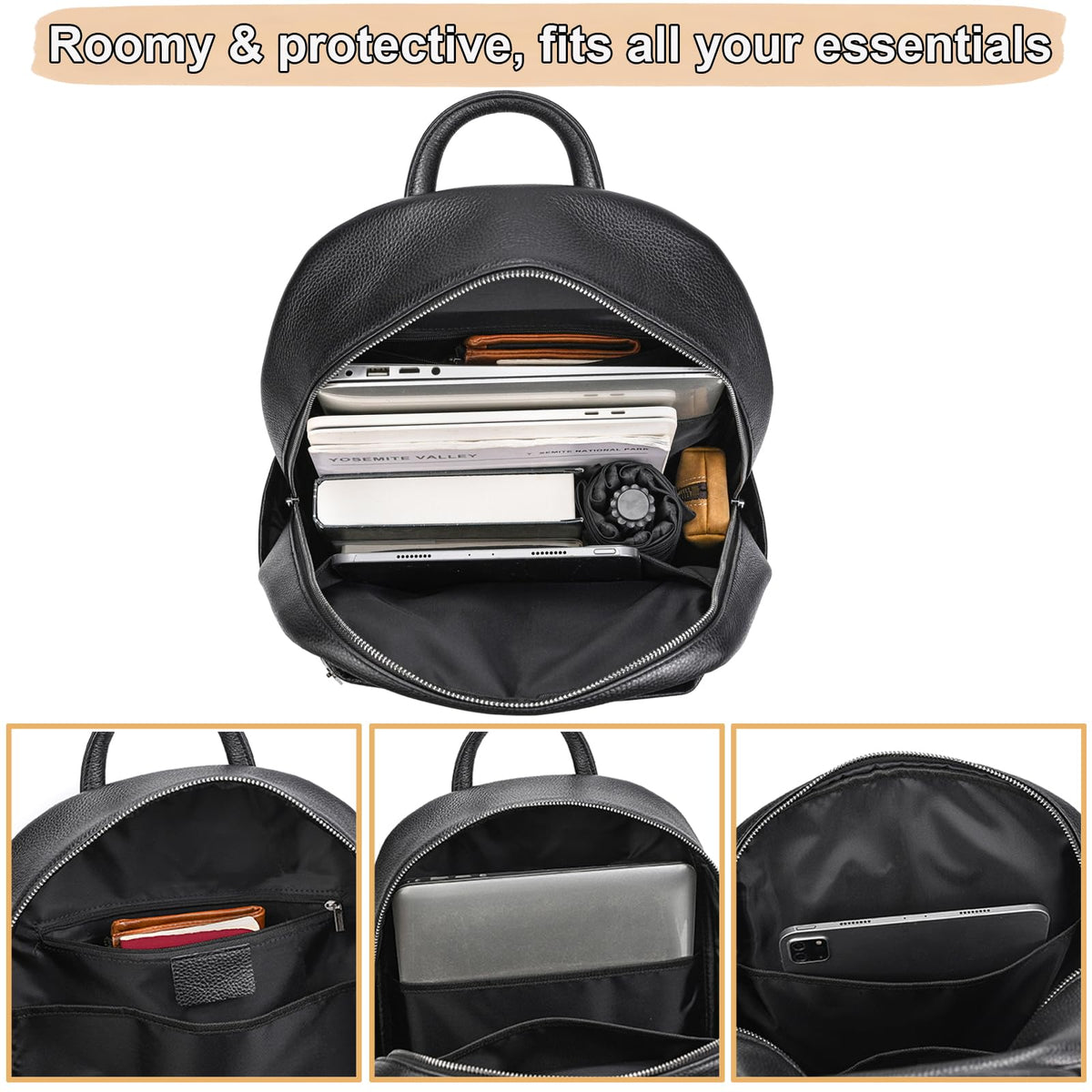 Yevabo Genuine Leather 15.6 Inch Laptop Backpack for Men, Multi Pocket Casual Daypack Shoulder Bag for Business Travel Outdoor, Black