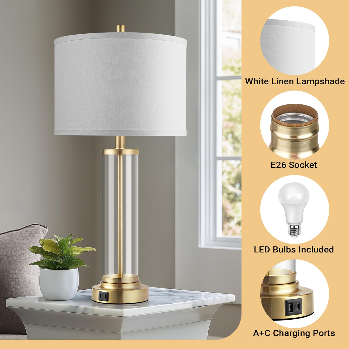QiMH Lamps for Bedrooms Set of 2, Touch Control Table Lamps with USB A+C Ports, 3-Way Dimmable Bedside Lamp with Fabric Lampshade, Modern Nightstand Lamp for Living Room Bedroom (LED Bulbs Included)