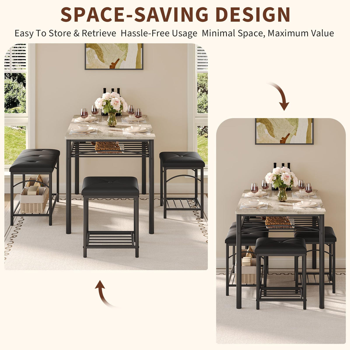 Hetoy Space-Saving 4-Piece Dining Table Set – Modern Table with Upholstered Bench & 2 Stools – Strong Wood & Metal Frame, Storage Shelf, Great for Small Dining Areas – Teak Oak Top + Black Legs