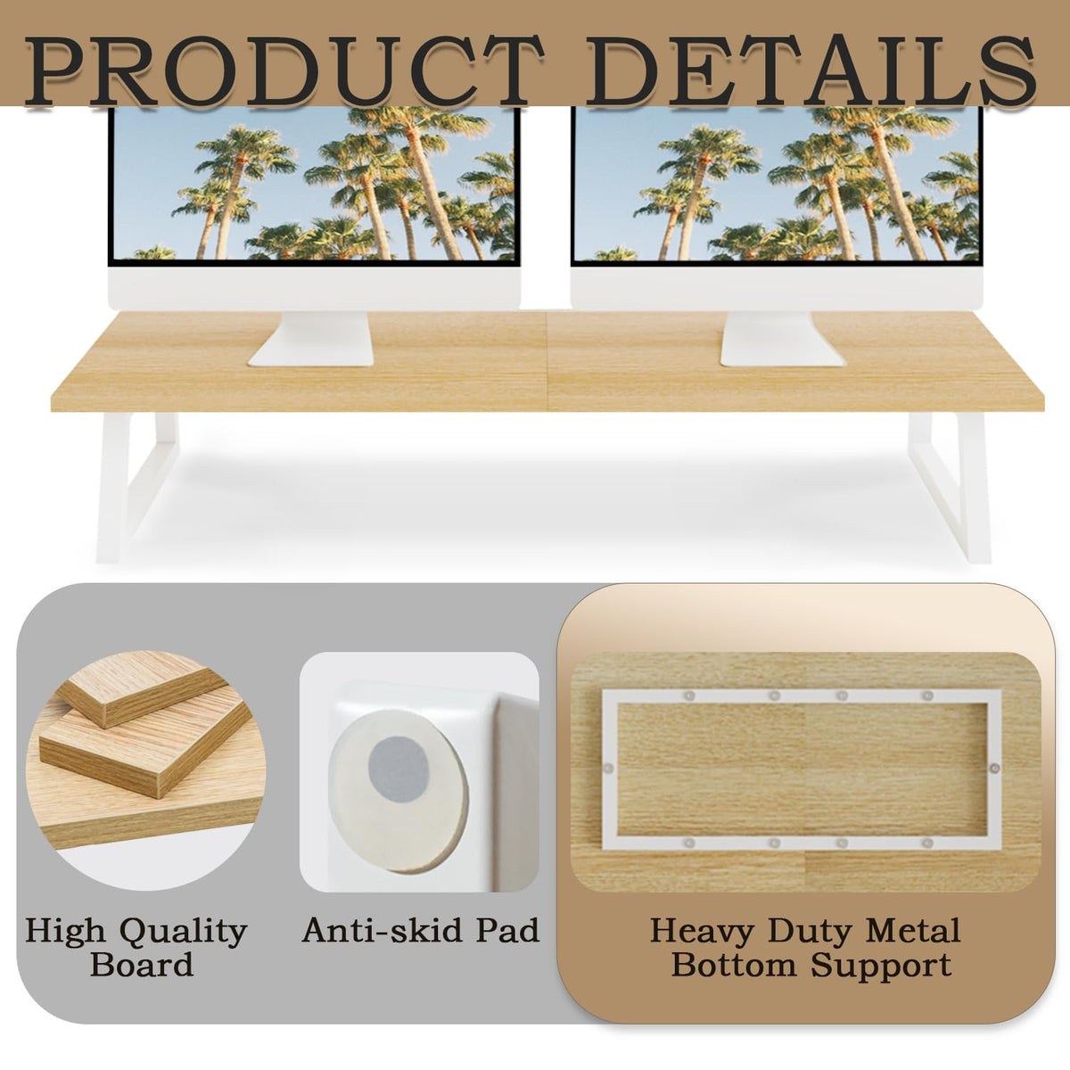 TEAMIX 31.5 inch Dual Monitor Riser - Wide TV Stand for 2 Monitors - Wood & Steel Desktop Riser for Dual Screen Office Desk Organization
