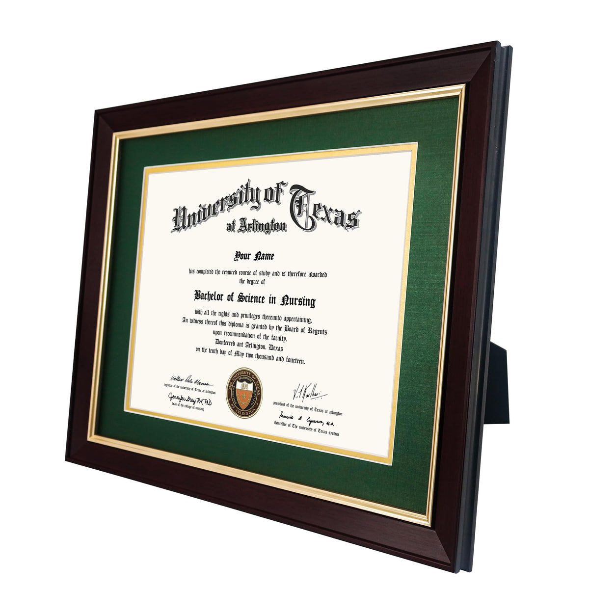 GMFrames 8.5x11 Wood Diploma Frame with Green Mat or Display 11x14 Certificates without Mat,Tempered Glass,Deep Brown Finish with Gold Trim