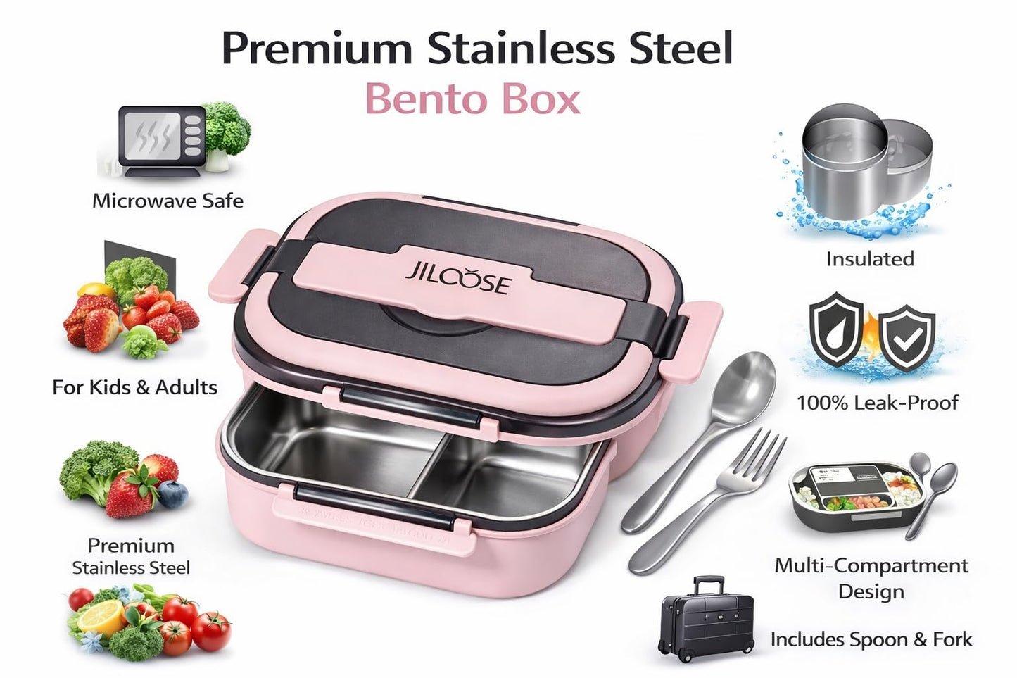 JILOOSE Stainless Steel Bento Box, Leak-Proof, BPA-Free, Dishwasher Safe, 4 Compartments Container School & Travel, Bento Lunch Box for Kids and Adults