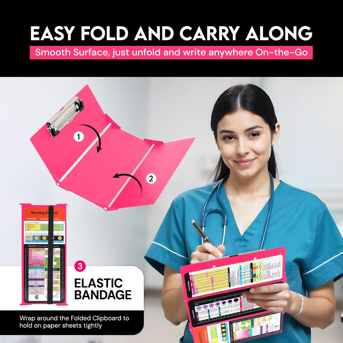 Nursing Clipboard Foldable with Medical Edition Cheat Sheets, 3 Layers Aluminum Foldable Clipboard for Nursing, Notepad for Students, Nursing School Essentials (Pink)
