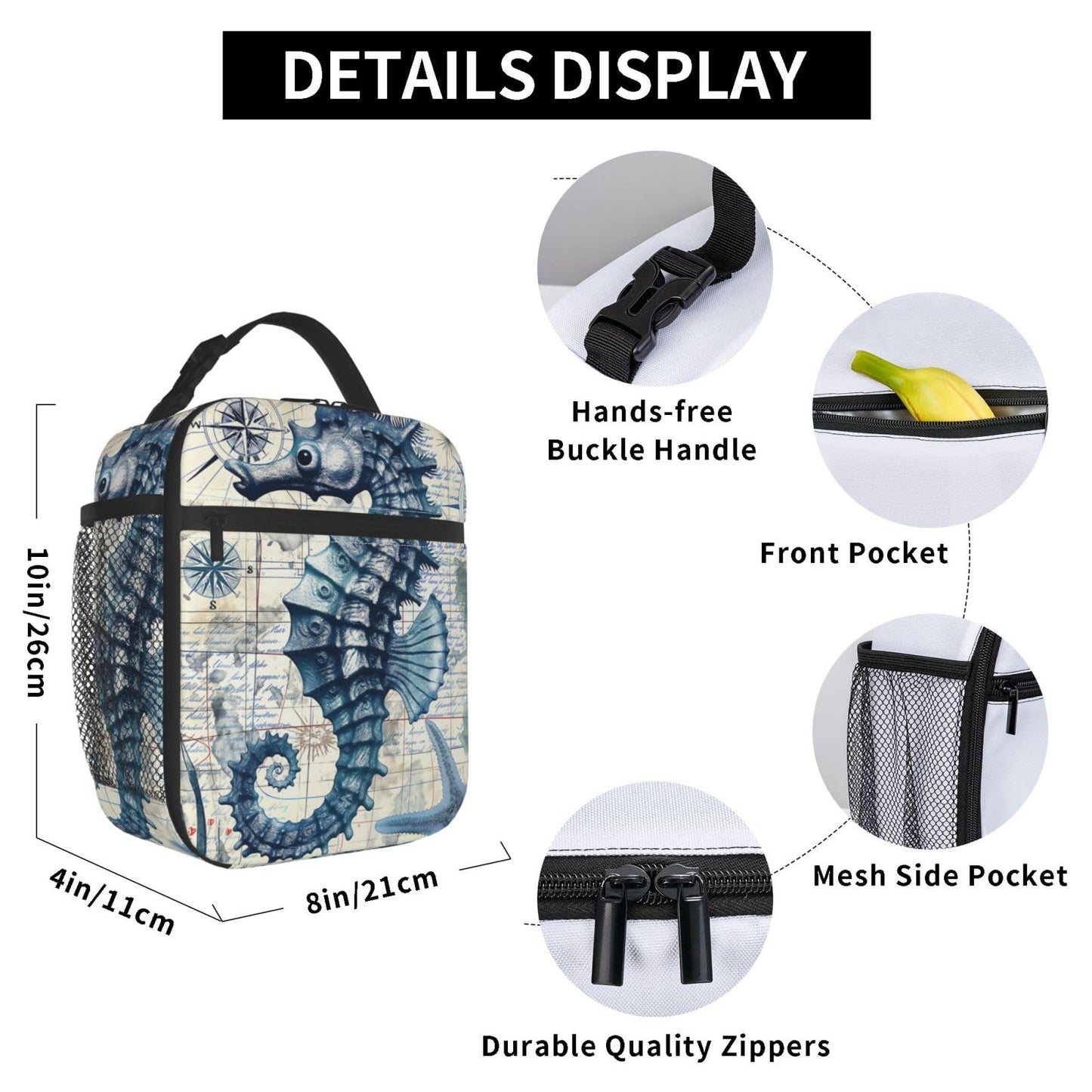 VANZEV Sea Horse Lunch Box for Adults Women Girls Boys Kids Nautical Ocean Animal Theme Lunch Box Insulated Cooler Reusable Lunch Bag Container Gifts for Work Office Picnic Travel School