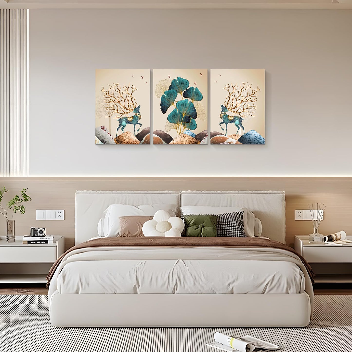 Innvafeli Canvas Painting Wall Art, Ginkgo Elk Modern Wall Art Decoration Posters Prints for Living Room, Bedroom, Office Decor, Kitchen, Bathroom, Modern Wall Decor Paintings, Gallery-Wrapped Canvas Art Set Framed Ready to Hang