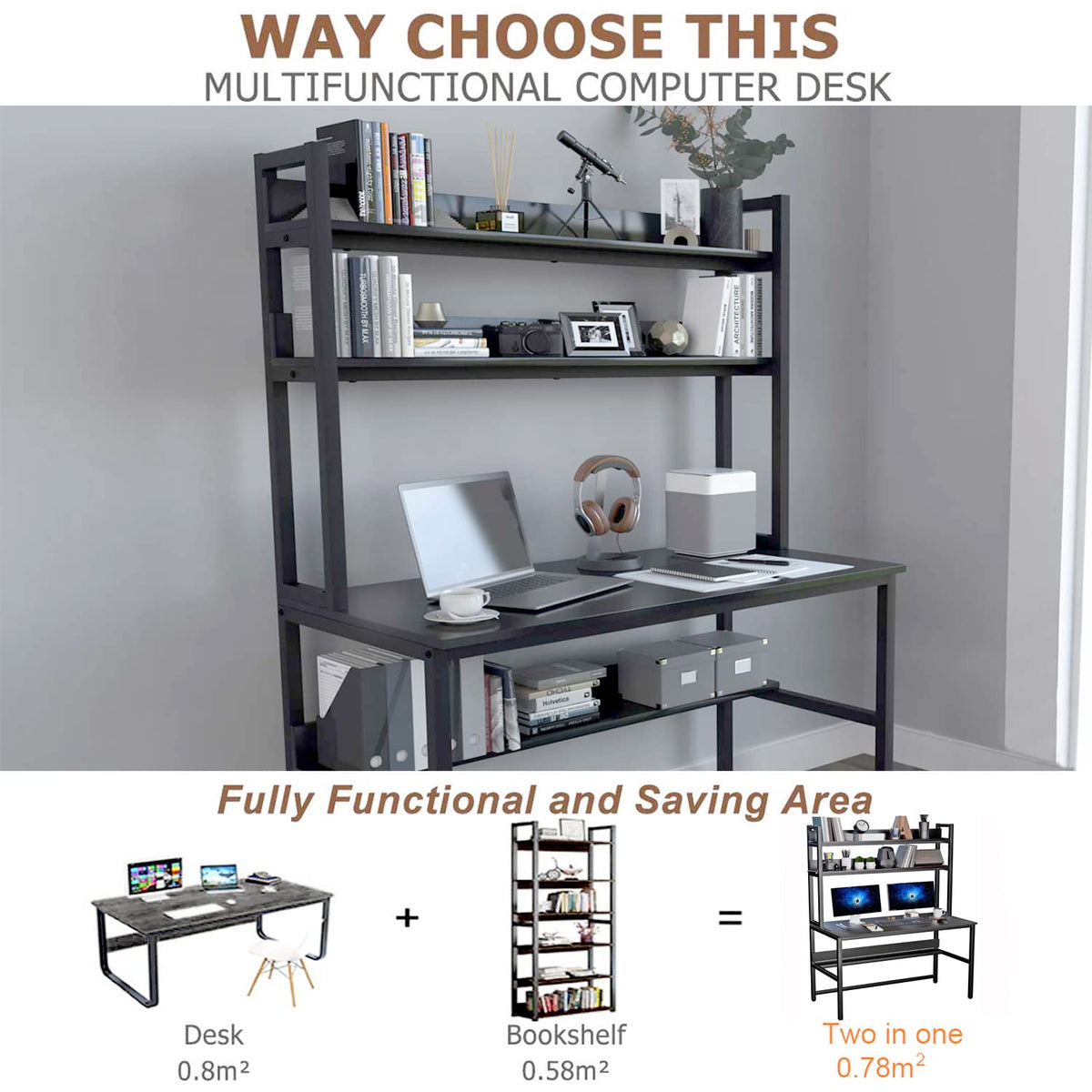 Aquzee Computer Desk with Hutch and Bookshelves, Large Leg Room 47 inch Width Black Desk with Space Saving Storage Shelves for Home Office,Study, Work, Easy Assemble
