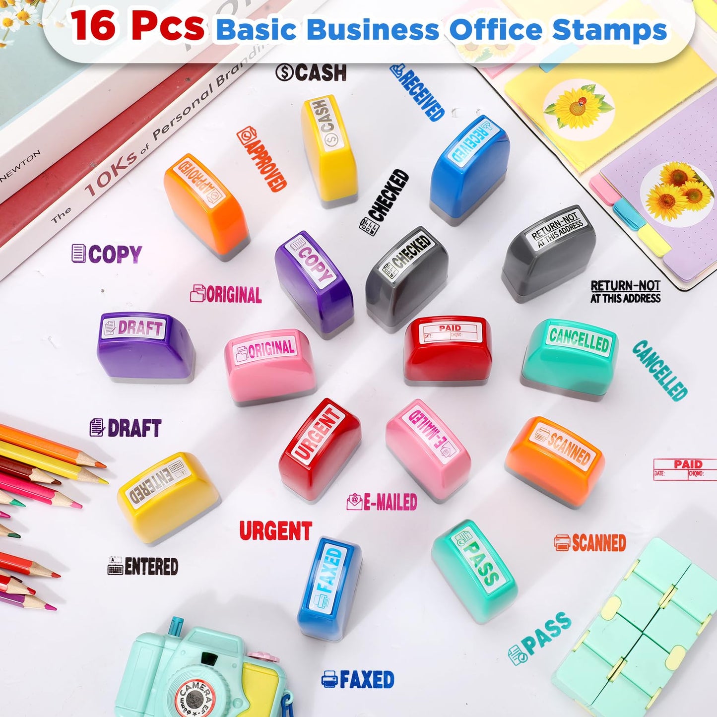 Yeaqee 16 Pcs Self Inking Rubber Stamp Set for Office Approved Paid Copy Faxed Scanned Message Account Business Stamps Paper Work Text Ink Stampers