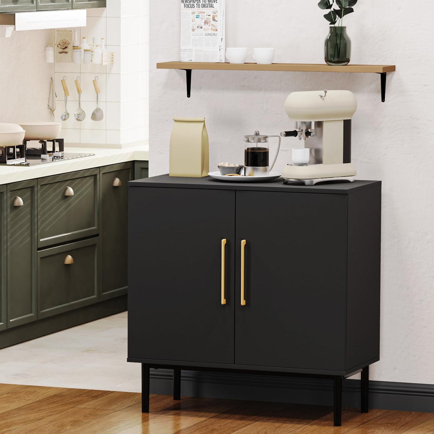 REHOOPEX Storage Cabinet with Doors, Modern Black Accent Cabinet, Free Standing Cabinet, Wooden Buffet Sideboards for Living Room, Kitchen,Home Office