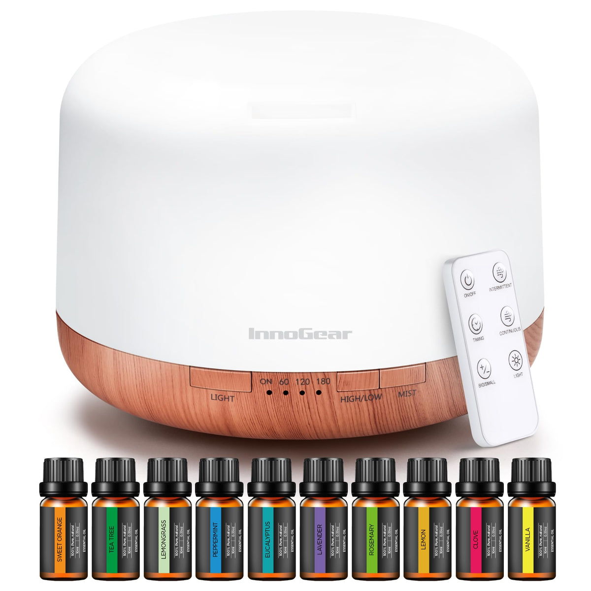 InnoGear Aromatherapy Diffuser & 10 Essential Oils Set, 500ml Essential Oil Diffuser with Remote Control Mother's Gift Ultrasonic Cool Mist Scent Humidifier Vaporizer Auto-Off Timer for Home, Yellow