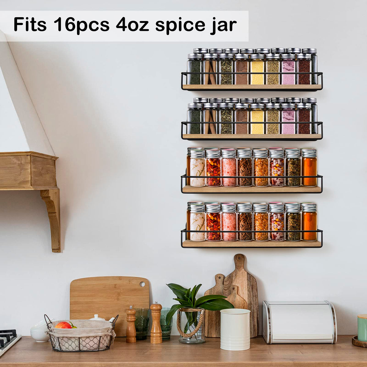 TJ.MOREE 4 Pack Spice Rack Wall Mounted Rustic Style Hanging Spice Organizer for Wall, Kitchen Spice Storage, Black