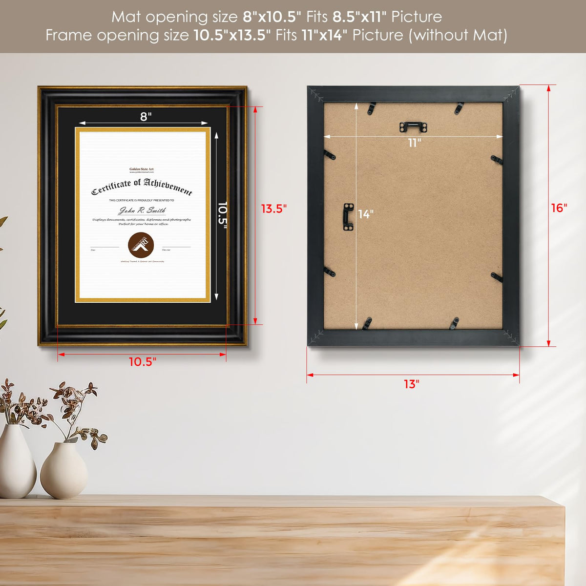 Golden State Art, 11x14 Vintage Antique Style Black Document Frame for 8.5x11 Diploma/Certificate, Sawtooth Hangers for Wall Mounting With Real Glass, Gold Trim (Black/Gold Double Mat)