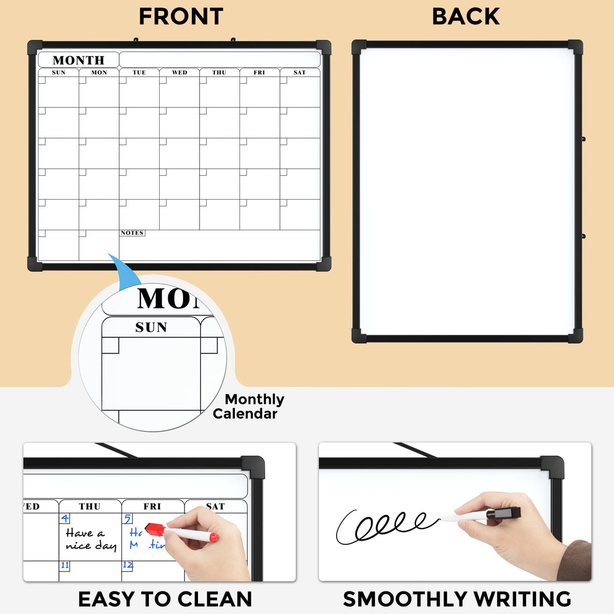 MaxGear Monthly Calendar Dry Erase Board for Wall, 16"x12" Small Hanging Double-Sided White Board, Portable Whiteboard for Planning, Drawing, Memo, to Do List, School, Home, Office, Black Frame