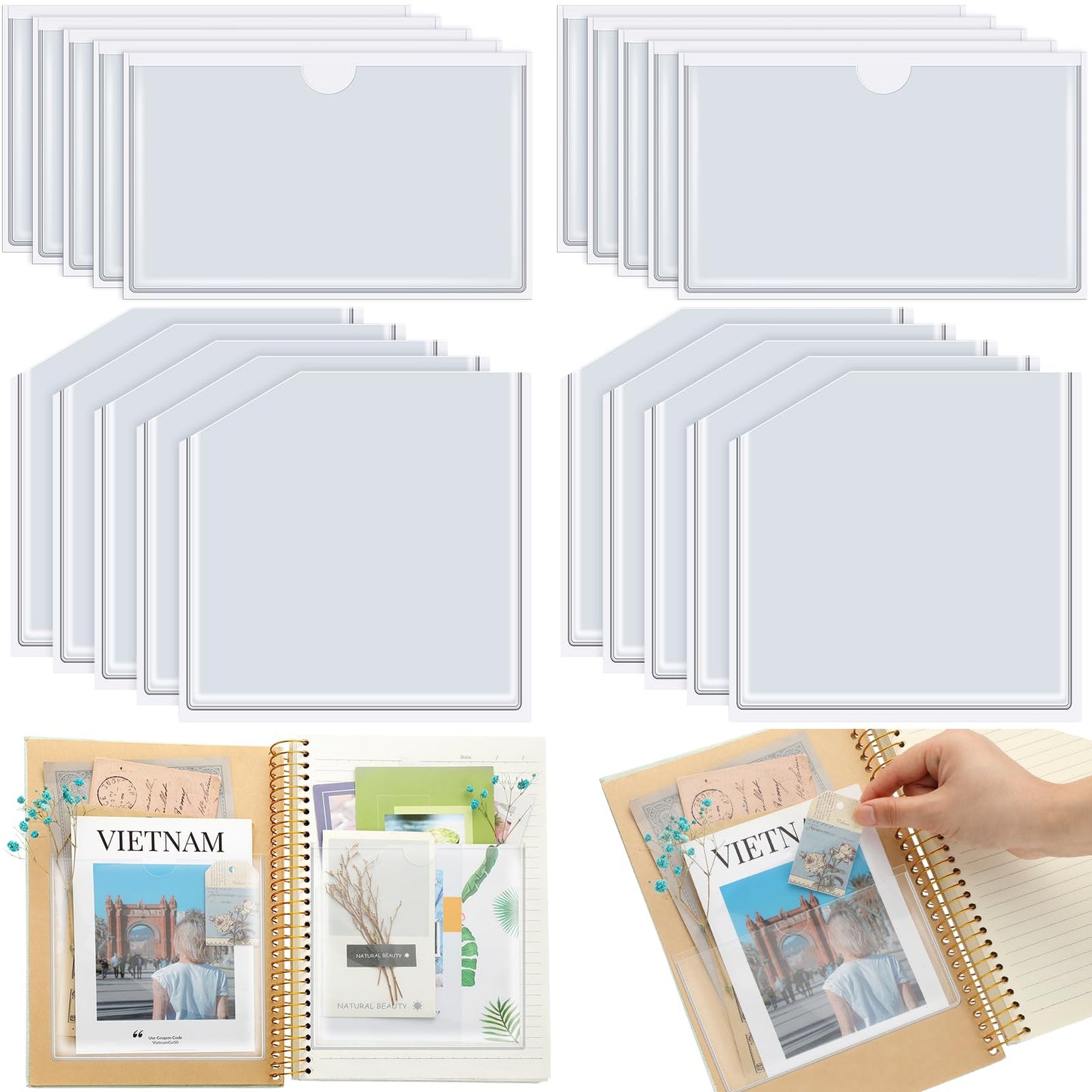 Junkin 20 Pcs Adhesive Pockets for Planners Index Card Pockets Planner Accessories Folder Self Sticky Clear Ideal Holder Top Open Add Storage Space to Notebooks Journal Office School Vinyl, 2 Styles