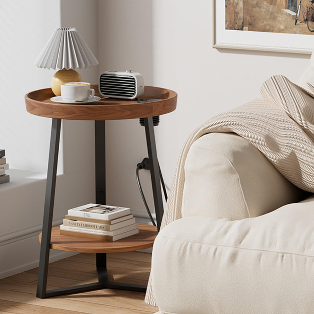 Gadroad Round End Table with Charging Station, USB Ports, Wood Tabletop & Black Metal Frame, 2-Tier Side Table for Living Room, Bedroom, Brown 15.7 * 15.7 * 23.0inches