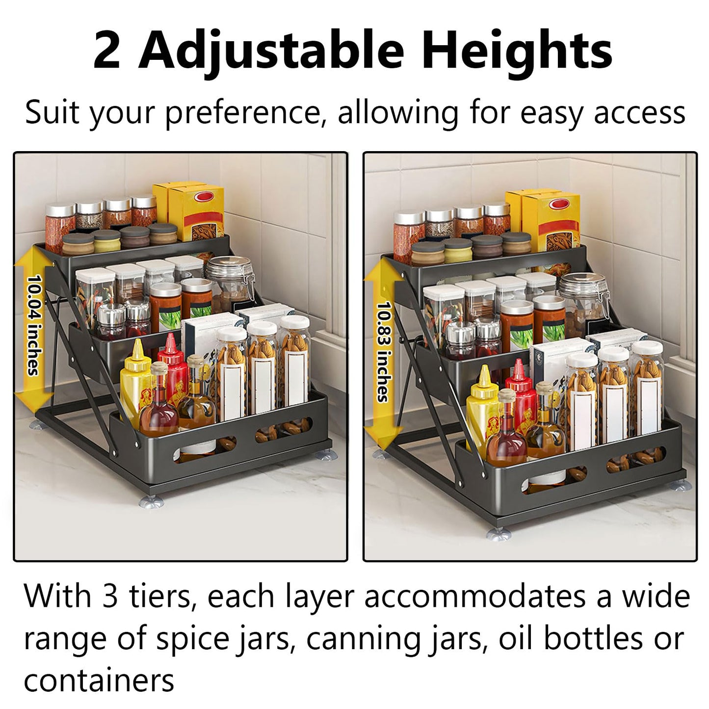 Ceetug 3 Tier Foldable Spice Rack for Countertop Iron Kitchen Seasoning Organizer for Cabinet, Black