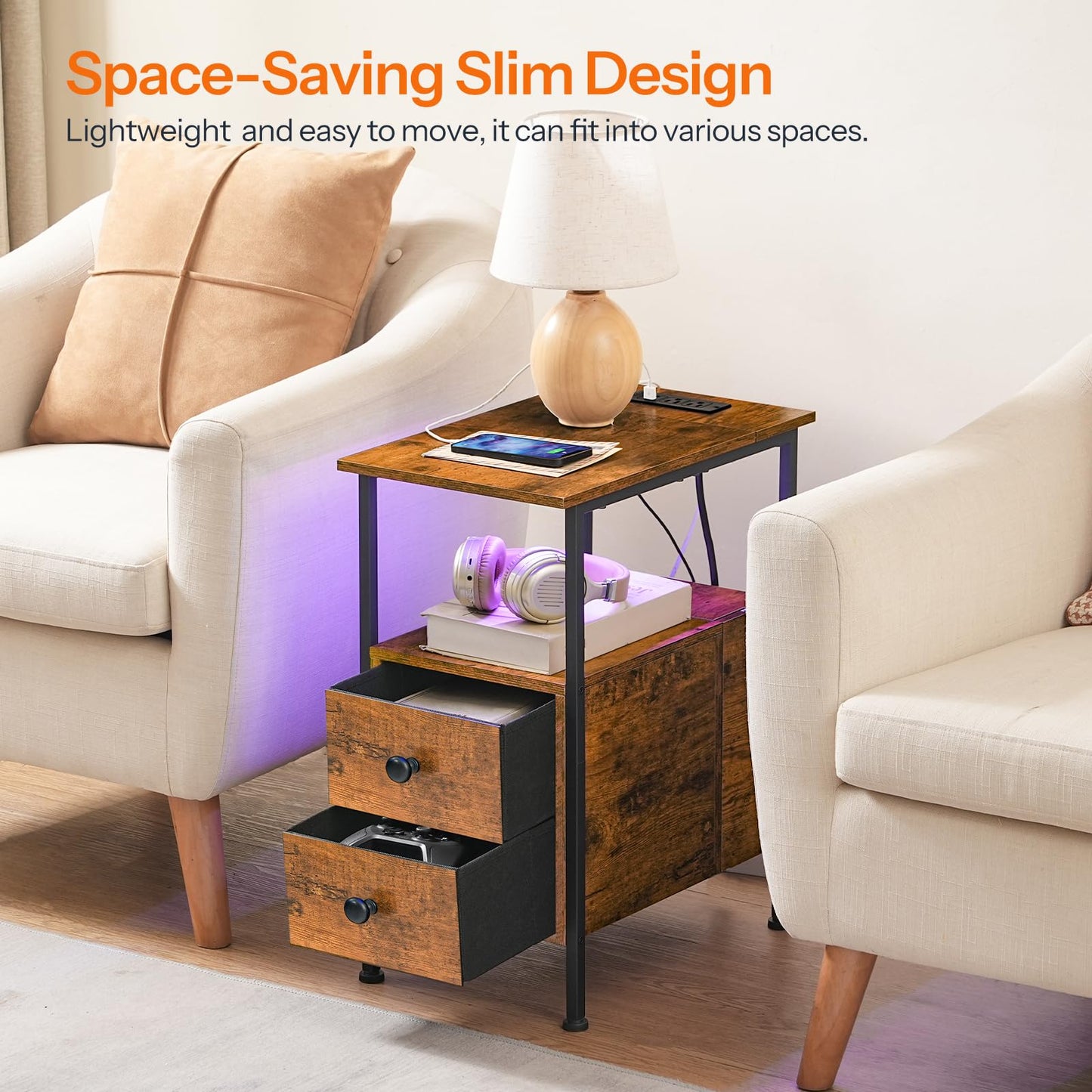 HOOBRO End Table with Charging Station & Led Light, Narrow Side Table with 2 Drawers & USB Ports & Power Outlets, Nightstand for Small Spaces, for Living Room, Bedroom, Rustic Brown Black BF436UDBZ01