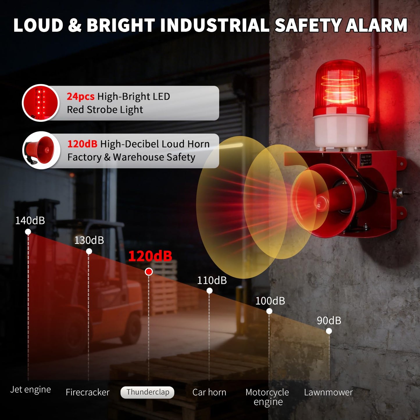 kbaoele AC110V Industrial Siren Alarm Strobe Light-120dB Loud Horn&Red Beacon Warning Light,Waterproof Indoor/Outdoor Safety Alarm for Emergency,Factory,Office,Fires,Tornado,Intruders,Animal Deterrent