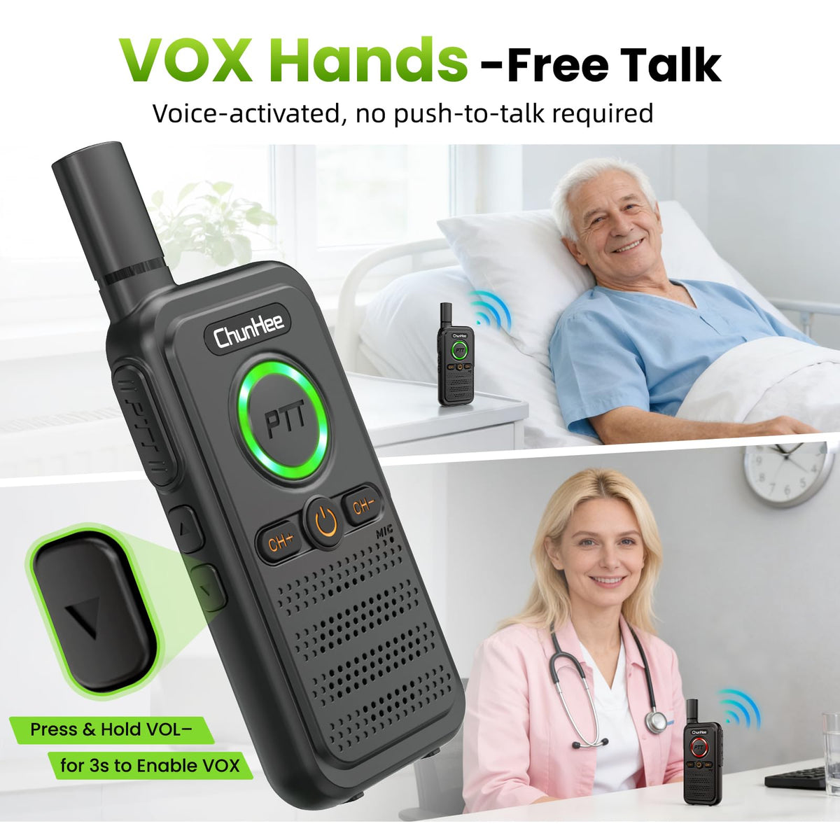 ChunHee Wireless Intercom System, 2 Way Voice Intercom for Home, 1.5-Mile Long Range, 16 Channels Portable Intercom with VOX & SOS Alarm, Easy Install Intercom for Elderly, Business & Basement