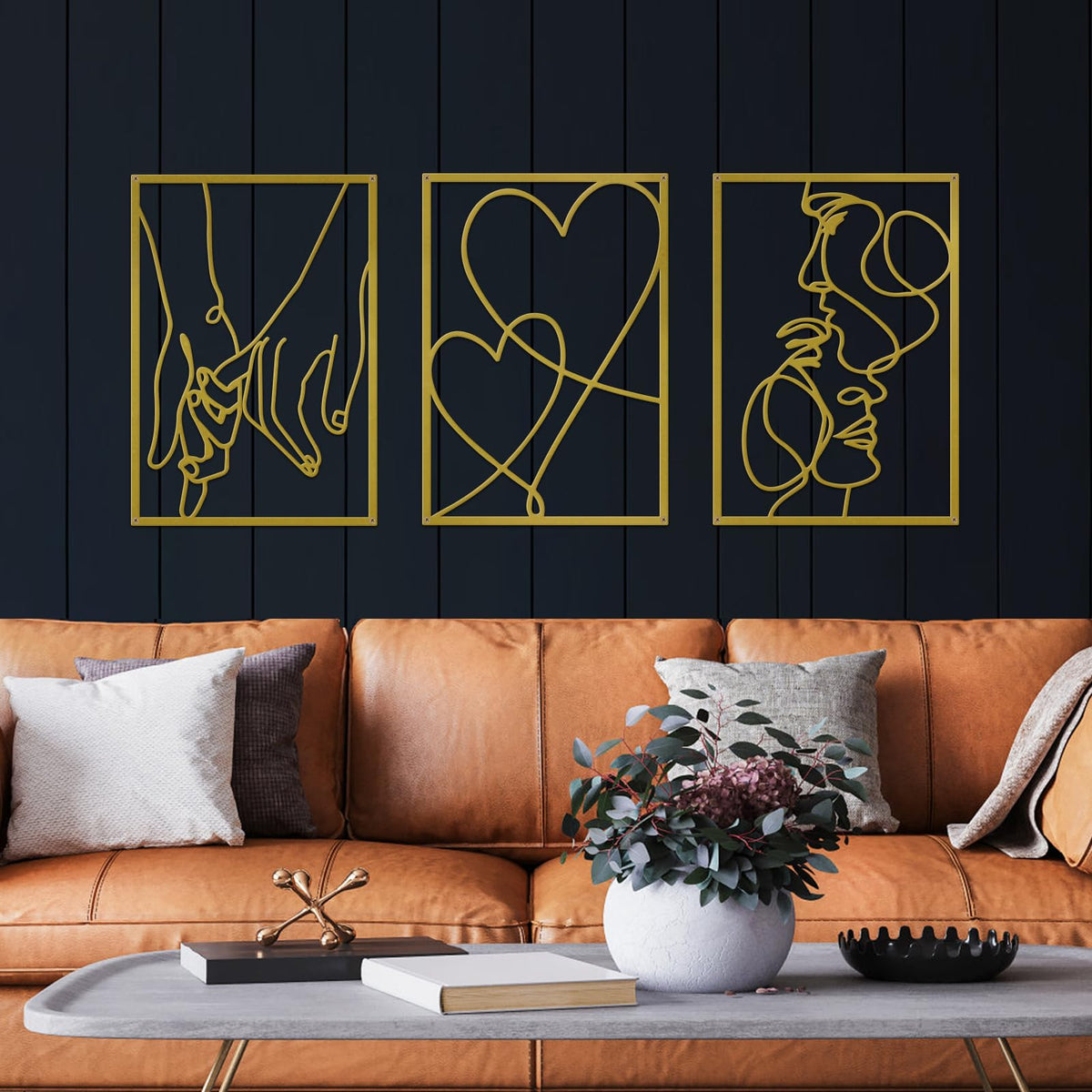 ESTART 3 Pieces Metal Minimalist Line Wall Art, Valentine's Day Lover Kiss Hand Metal Wall Decor, Aesthetic Modern Home Hanging Wall Art Decor for Bedroom Bathroom Living Room (Gold)
