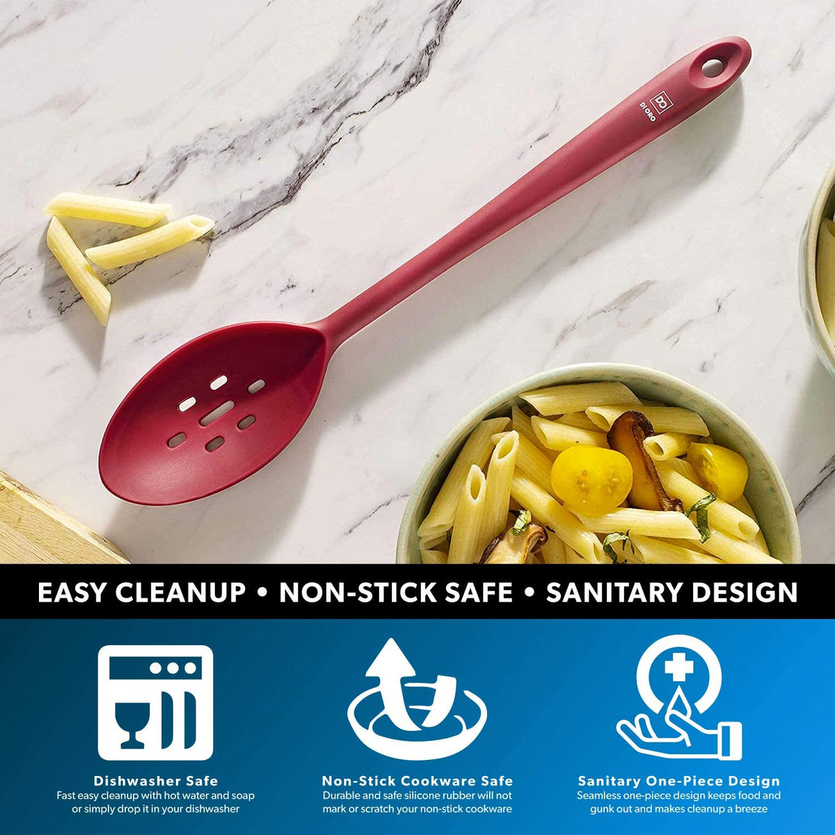 DI ORO Silicone Slotted Spoon - 600°F High Heat Silicone Spoon for Cooking Nonstick Cookware Safe - Silicone Kitchen Spoon for Serving & Stirring - Large Spoon for Mixing - Dishwasher Safe (Red)