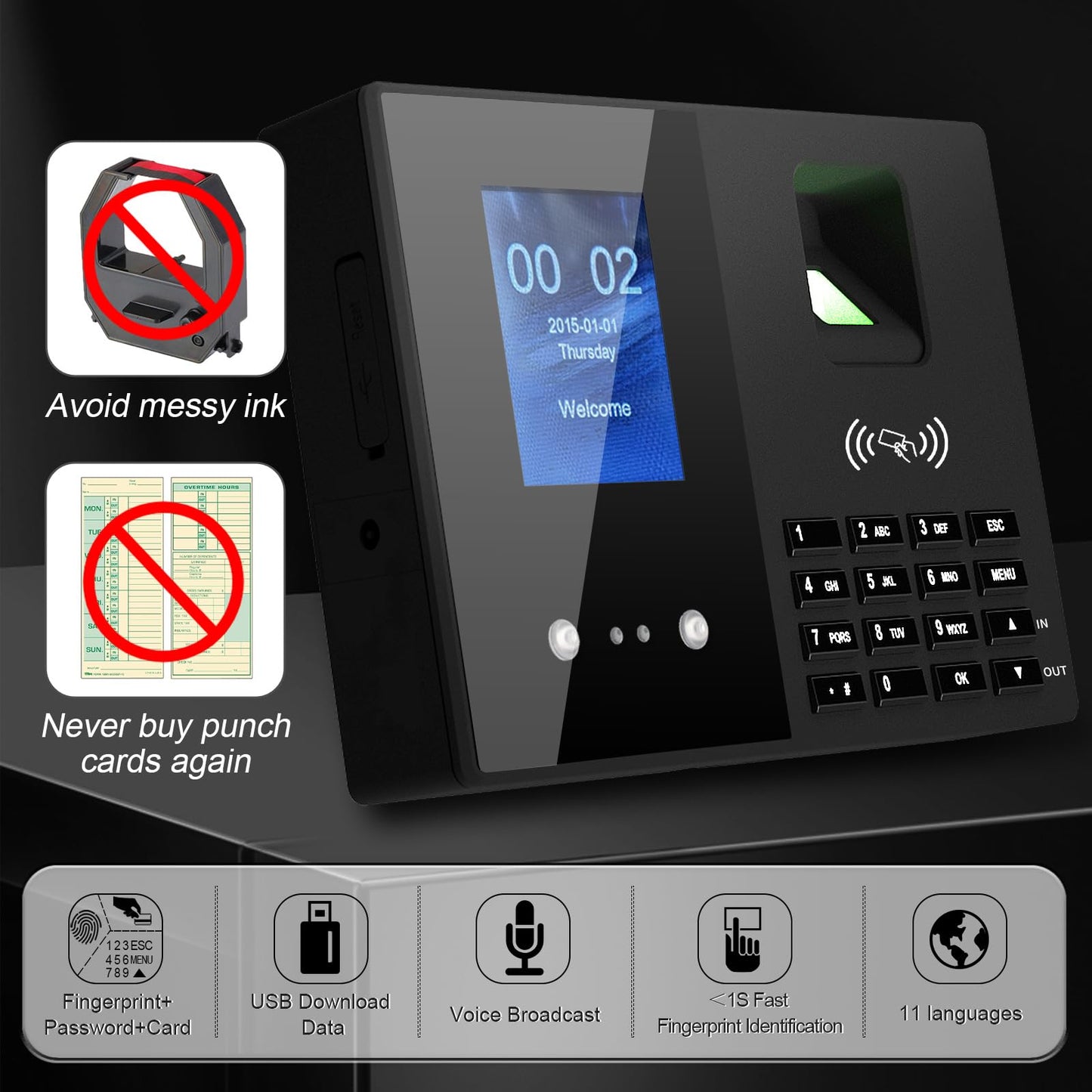 JIAN BOLAND Employee Time Clock, Fingerprint Badge Attendance Machine, 0 Monthly Fee Office Punch Clock for Small Business, 5 Badges Included - T200