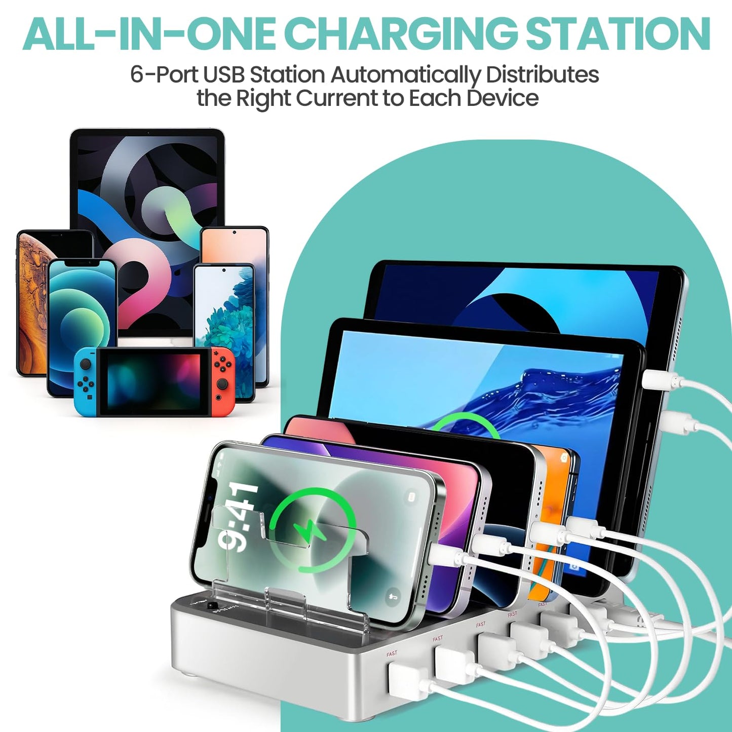 300W Fast Charging Station for Multiple Devices, 6 Port USB Charging Hub, Universal Desktop Charger Organizer Compatible with iPhone iPad Android Phones Tablets Kindle Home Office Travel