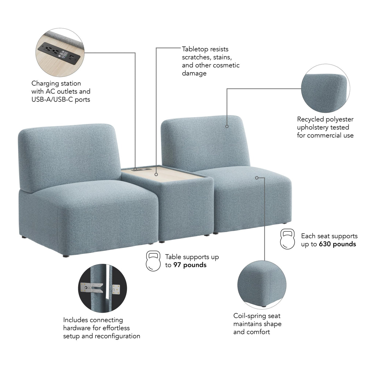Bush Business Furniture Modular 2 Seater Sectional with Charging Station, Guest Seating for Lobby or Reception Area, Assemble Collection, Mist Fabric