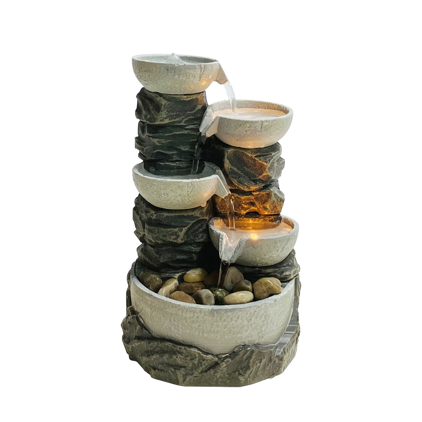 Nature's Mark 9" H 5-Tiered Cascading Rock Bowl Tabletop Water Fountain with Natural River Rocks and LED Lights (Power Cord Attached)